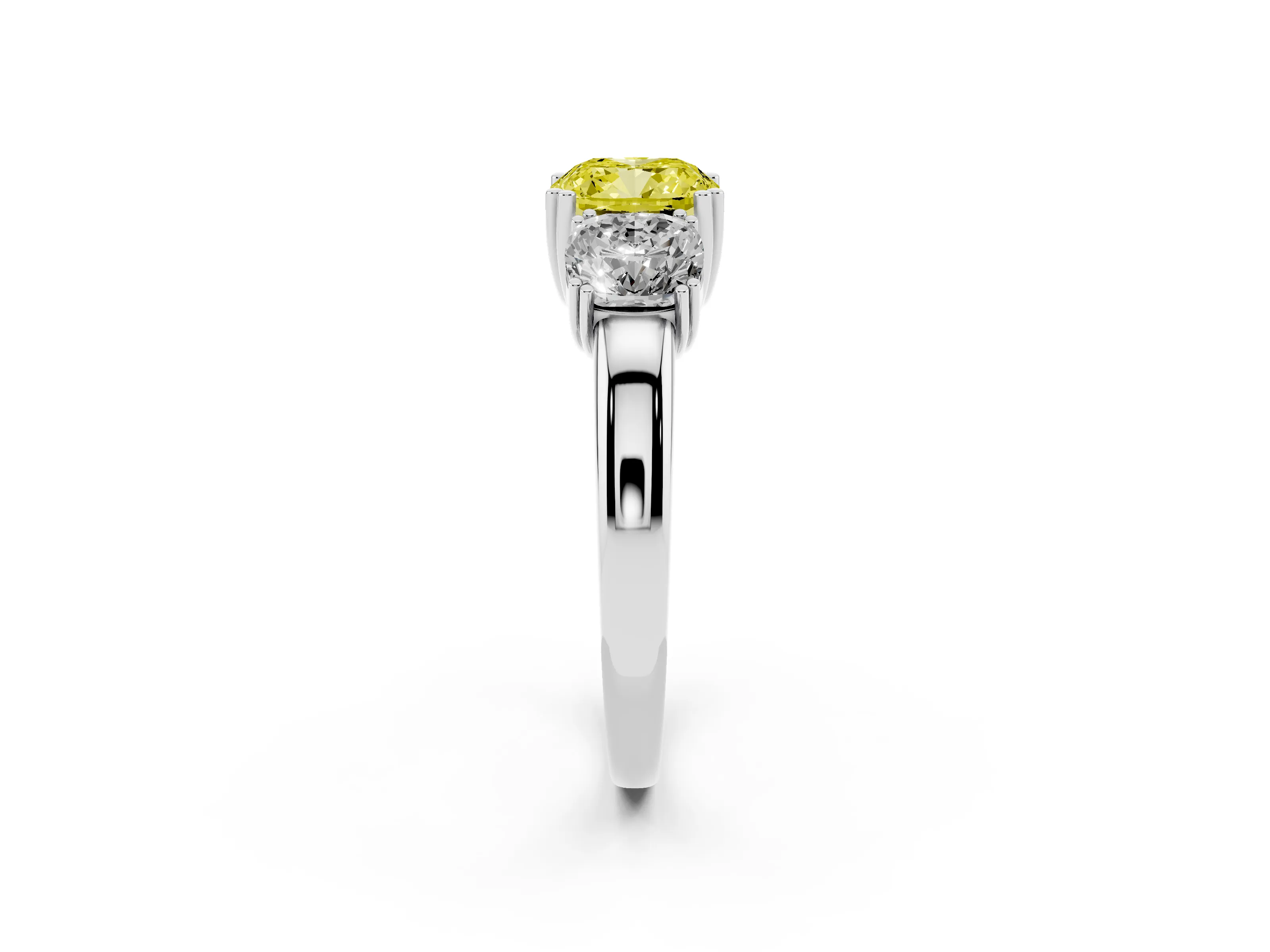 Fancy Yellow Cushion Cut Diamond Three-Stone Ring Set in Platinum with Polished Band and Prong Setting