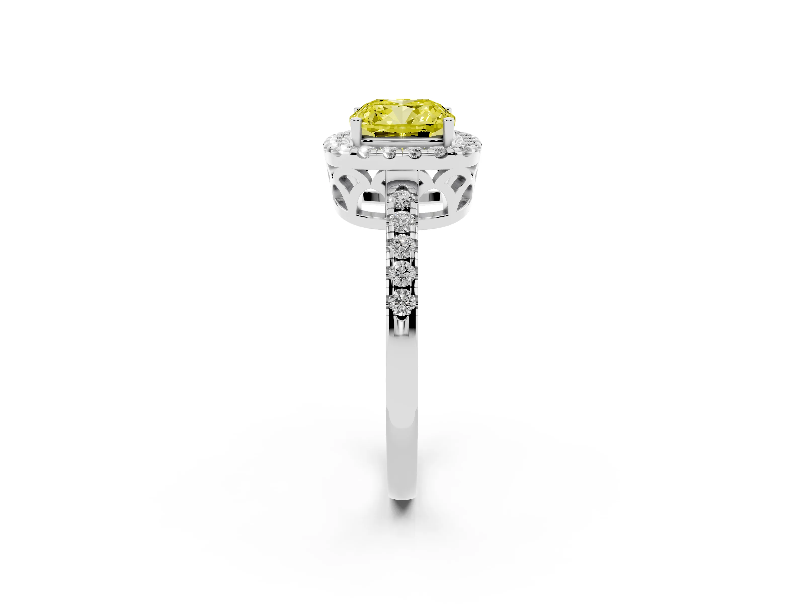 Fancy Yellow Cushion Cut Diamond Pavé Band Halo Engagement Ring Set in White gold with Prong Setting