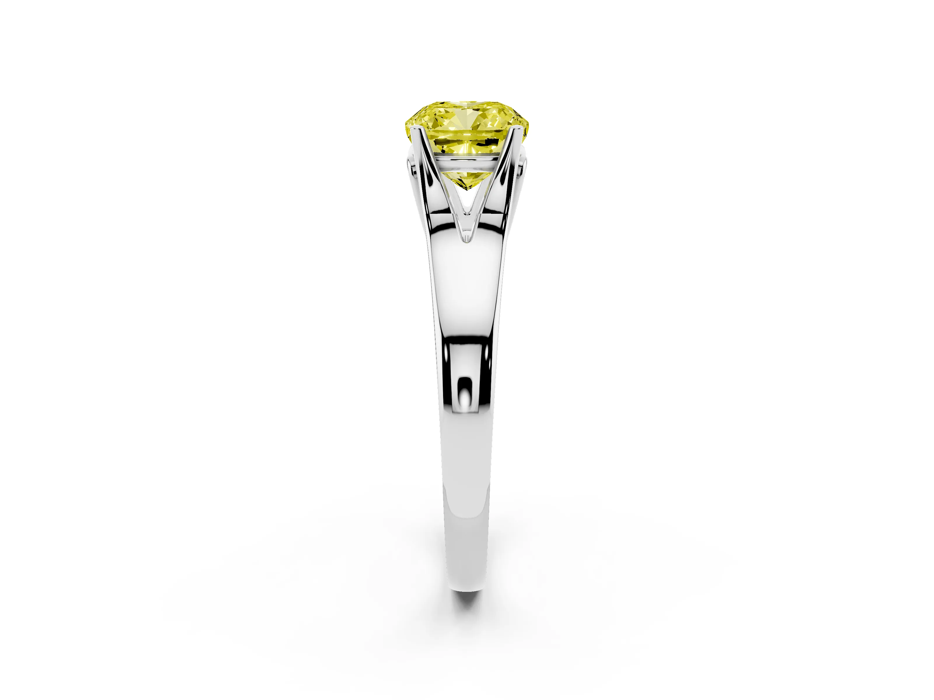 Fancy Yellow Cushion Cut Diamond Solitaire Ring Set in White gold with Arched Cathedral Band and Prong Setting