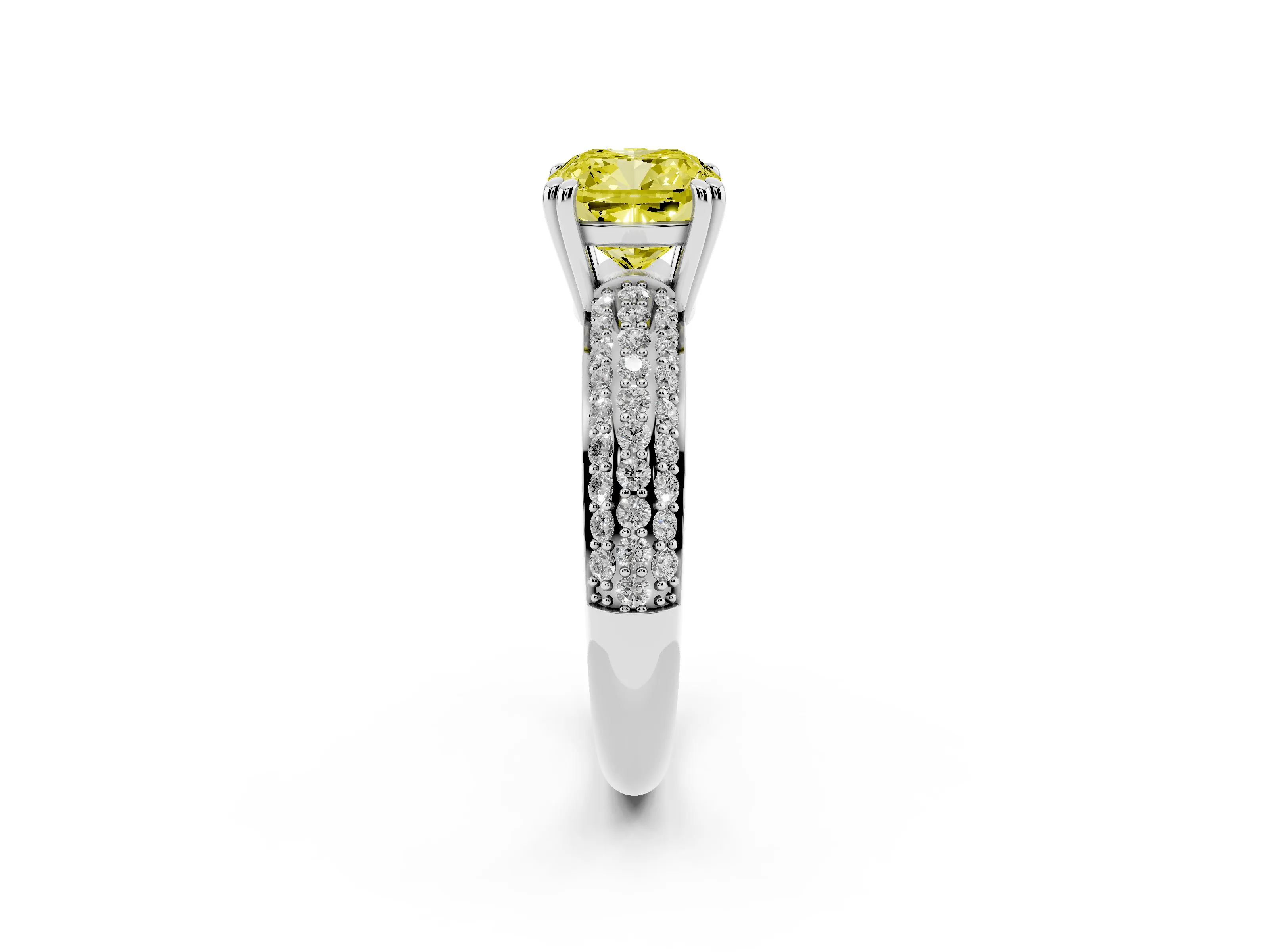 Fancy Yellow Cushion Cut Diamond Solitaire Ring Set in Platinum with Multi-Row Round Pavé Band and Prong Setting
