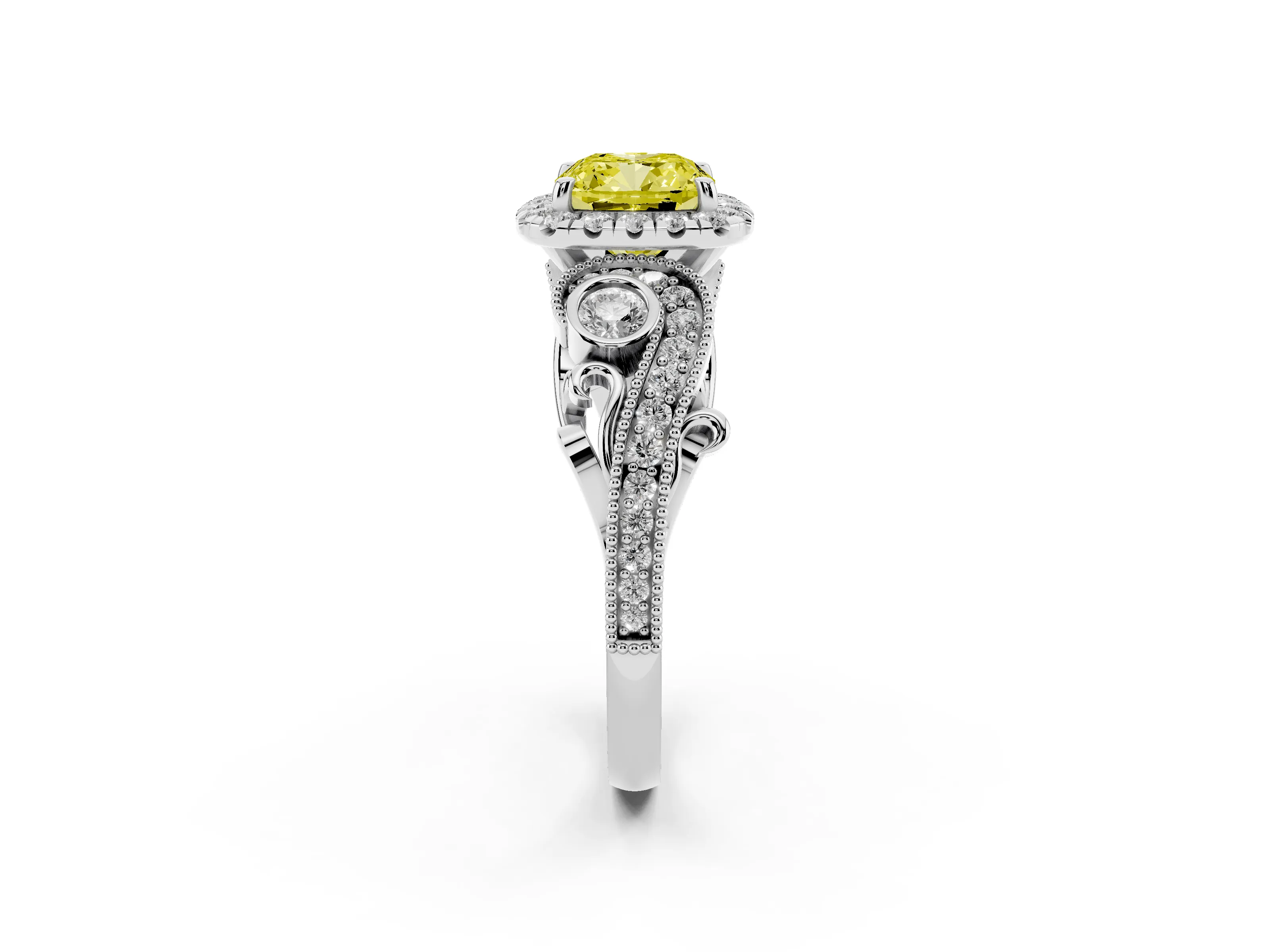 Fancy Yellow Cushion Cut Diamond Halo Ring Set in Platinum with Milgrain Pavé Band and Prong Setting