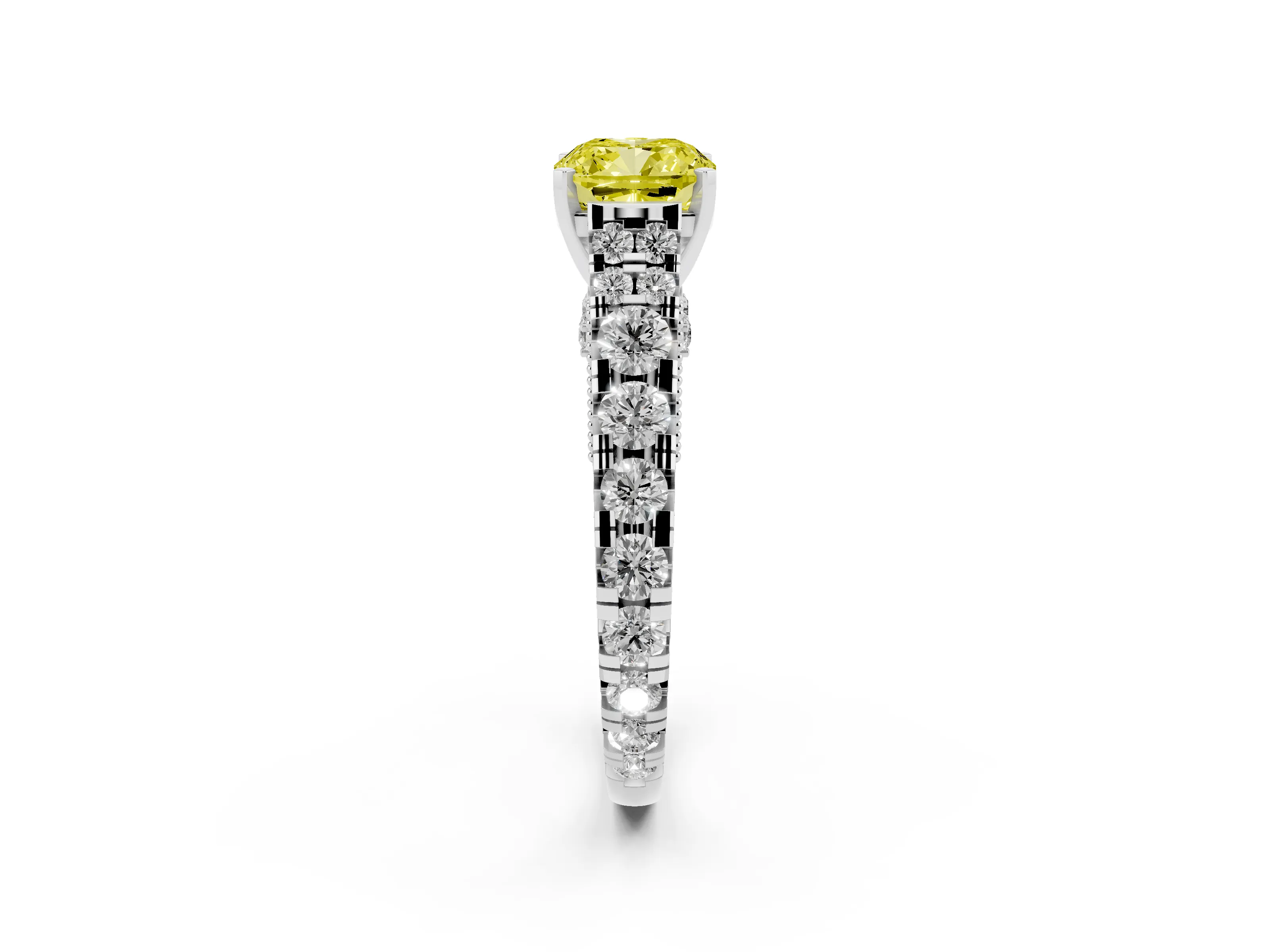 Fancy Yellow Cushion Cut Diamond Classic Solitaire Ring Set in White gold with Pavé Band and Prong Setting