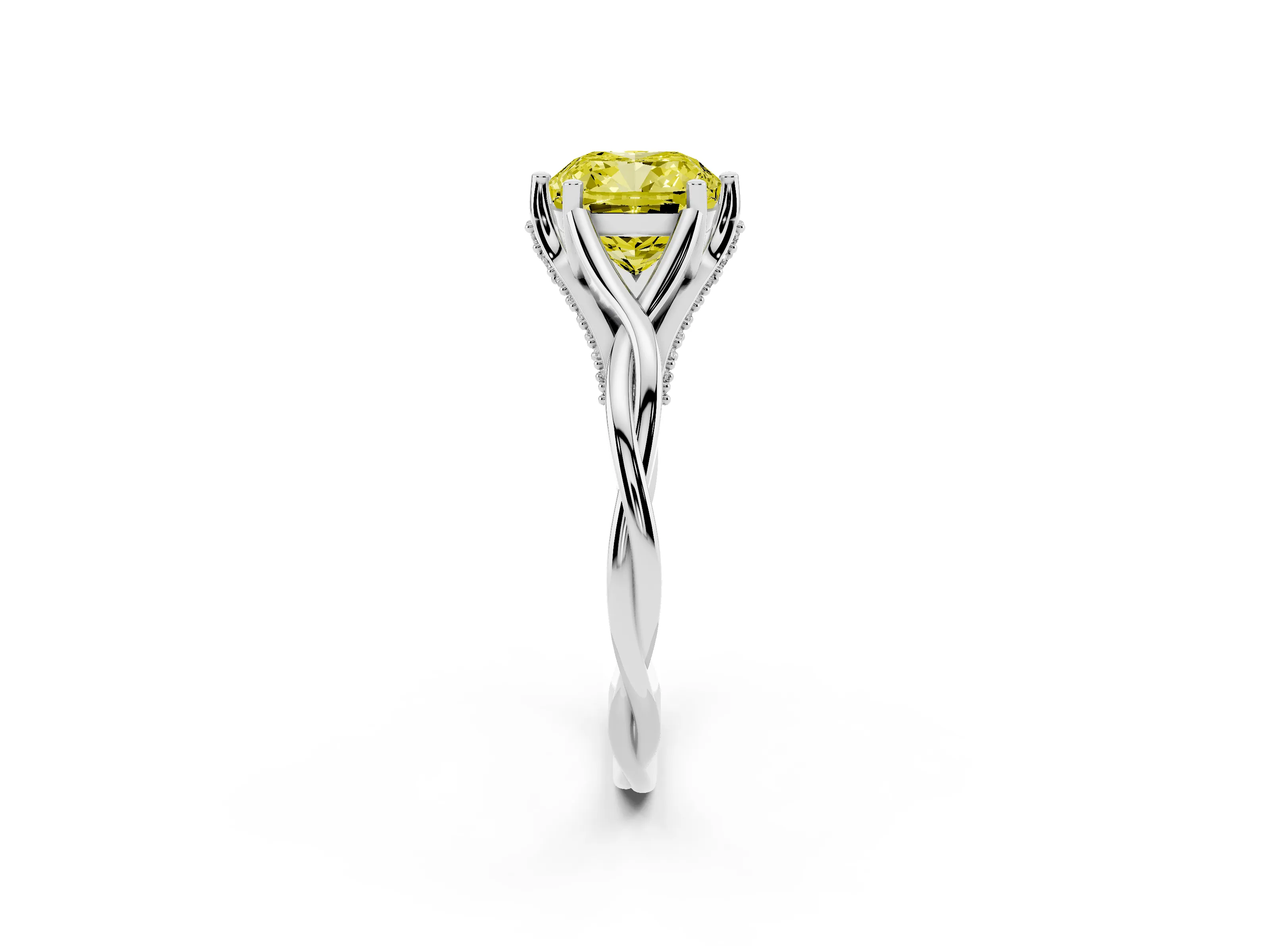 Fancy Yellow Cushion Cut Diamond Intertwined Twist Band Solitaire Ring Set in White gold with Prong Setting