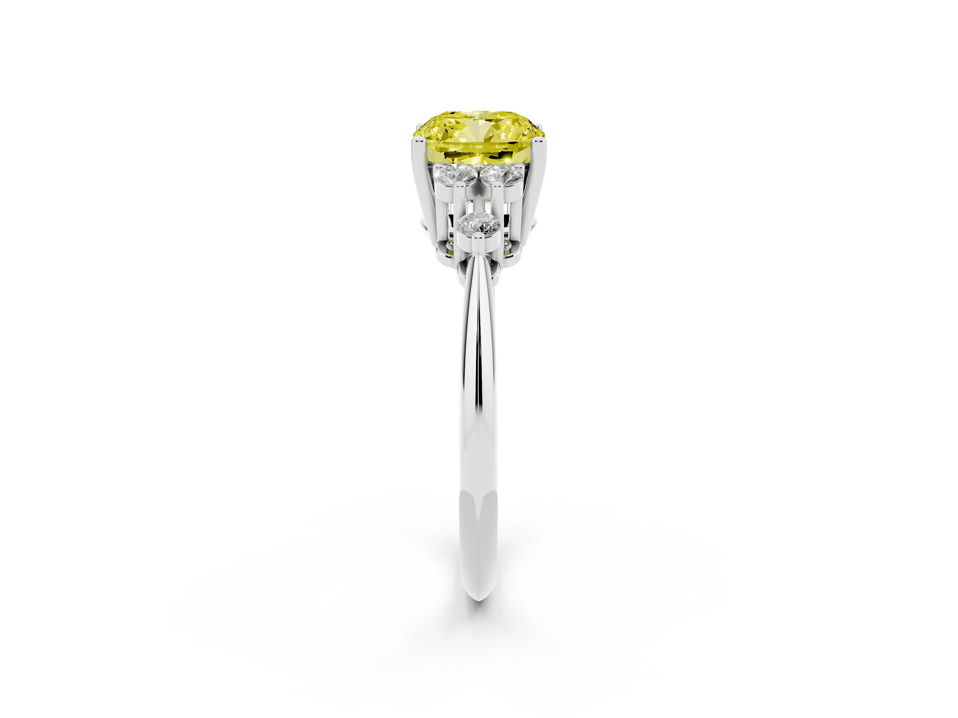 Fancy Yellow Cushion Cut Diamond Cluster Ring Set in White gold with Plain Band and Prong Setting