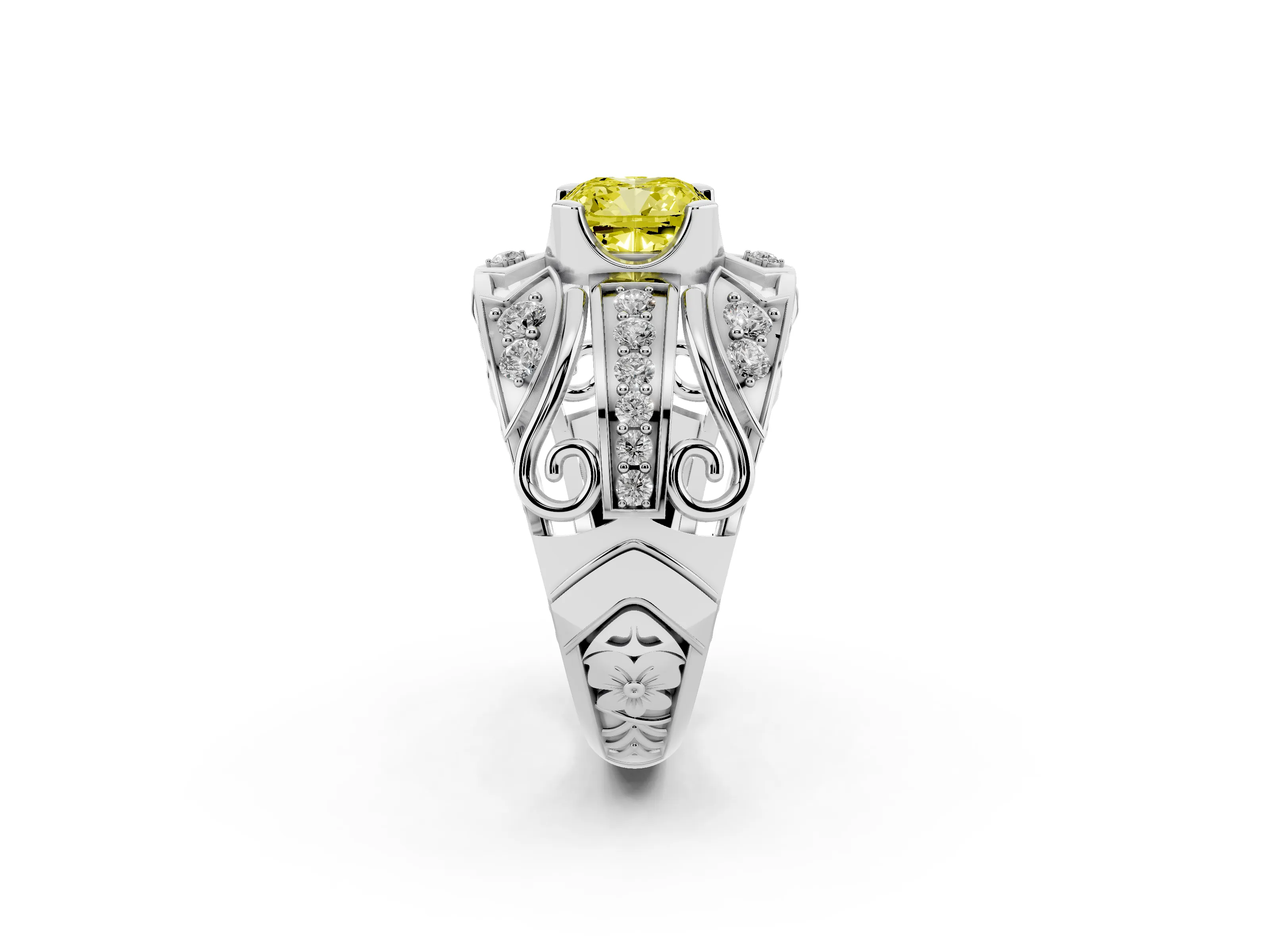 Fancy Yellow Cushion Cut Diamond Art Deco Ring Set in Platinum with Pavé Split Shank