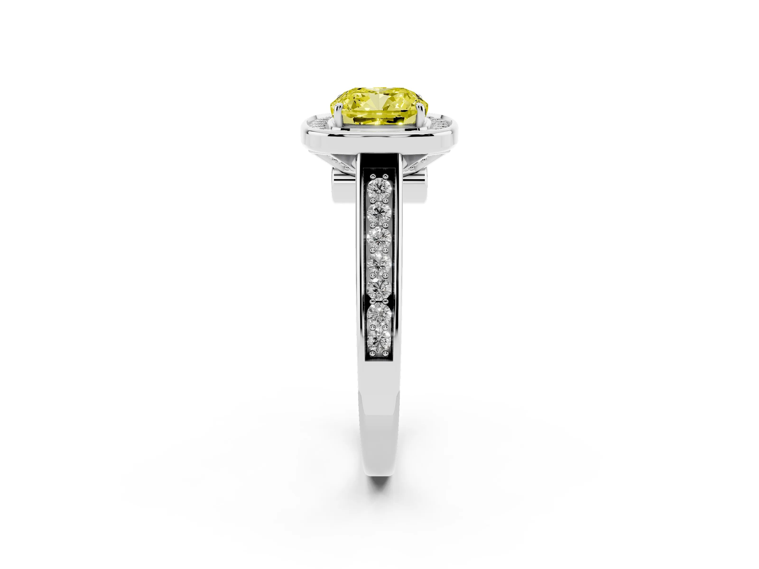 Fancy Yellow Cushion Cut Diamond Halo Solitaire Ring Set in Silver with Pavé Band and Bezel Setting