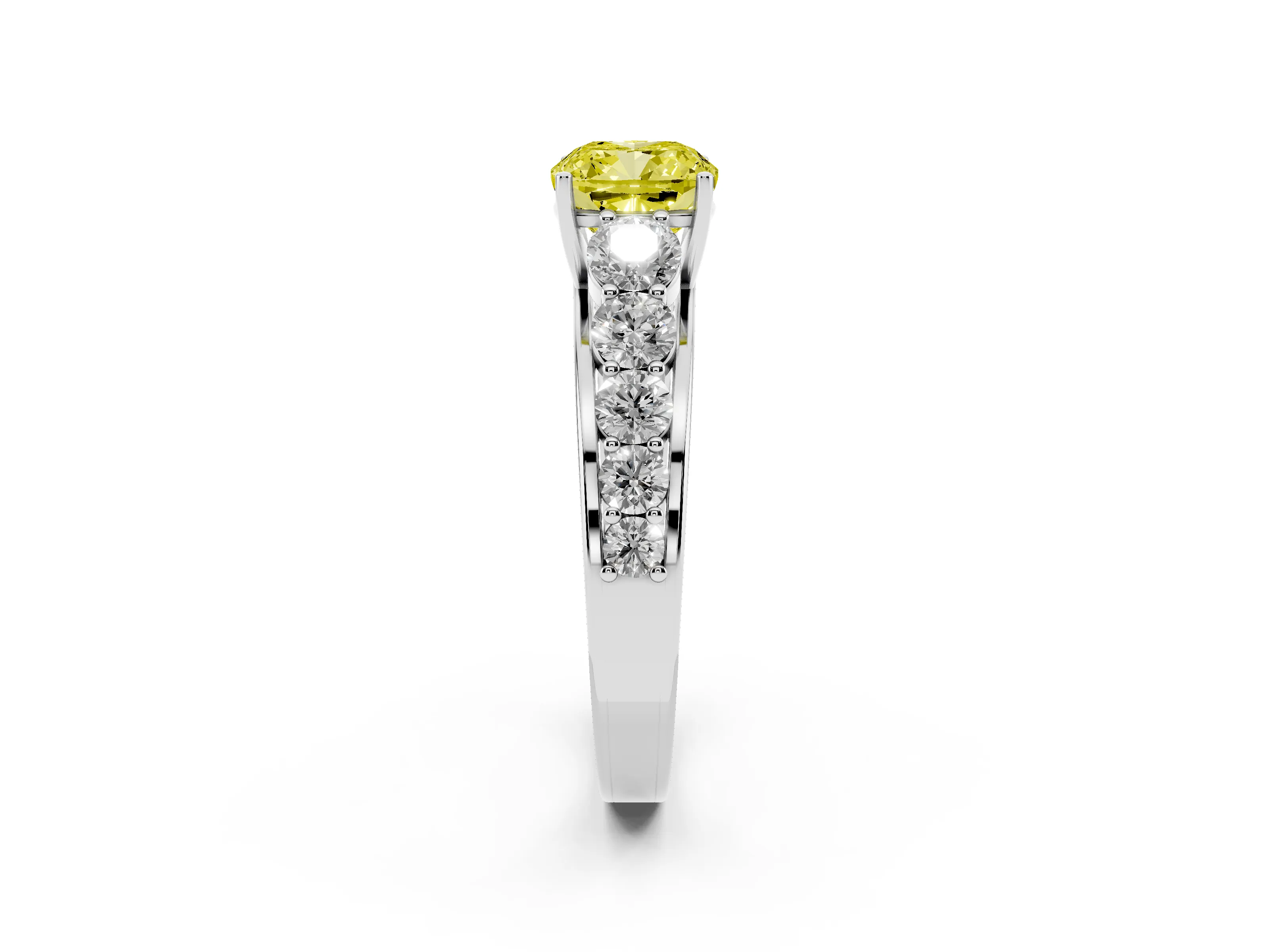 Fancy Yellow Cushion Cut Diamond Solitaire Ring Set in Silver with Pavé-Set Band and Prong Setting