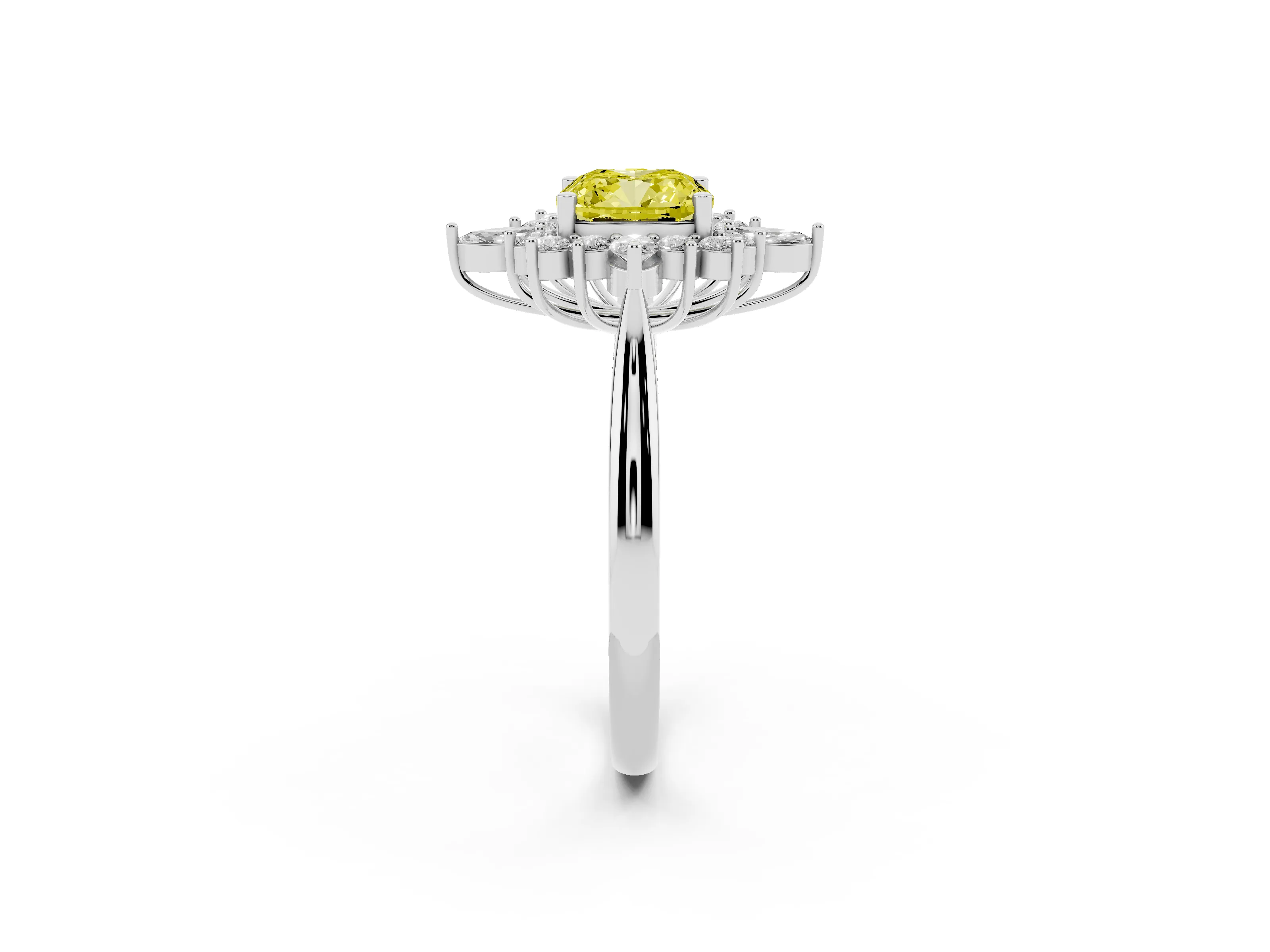 Fancy Yellow Cushion Cut Diamond Cluster Halo Ring Set in Silver with Marquise and Round Accents