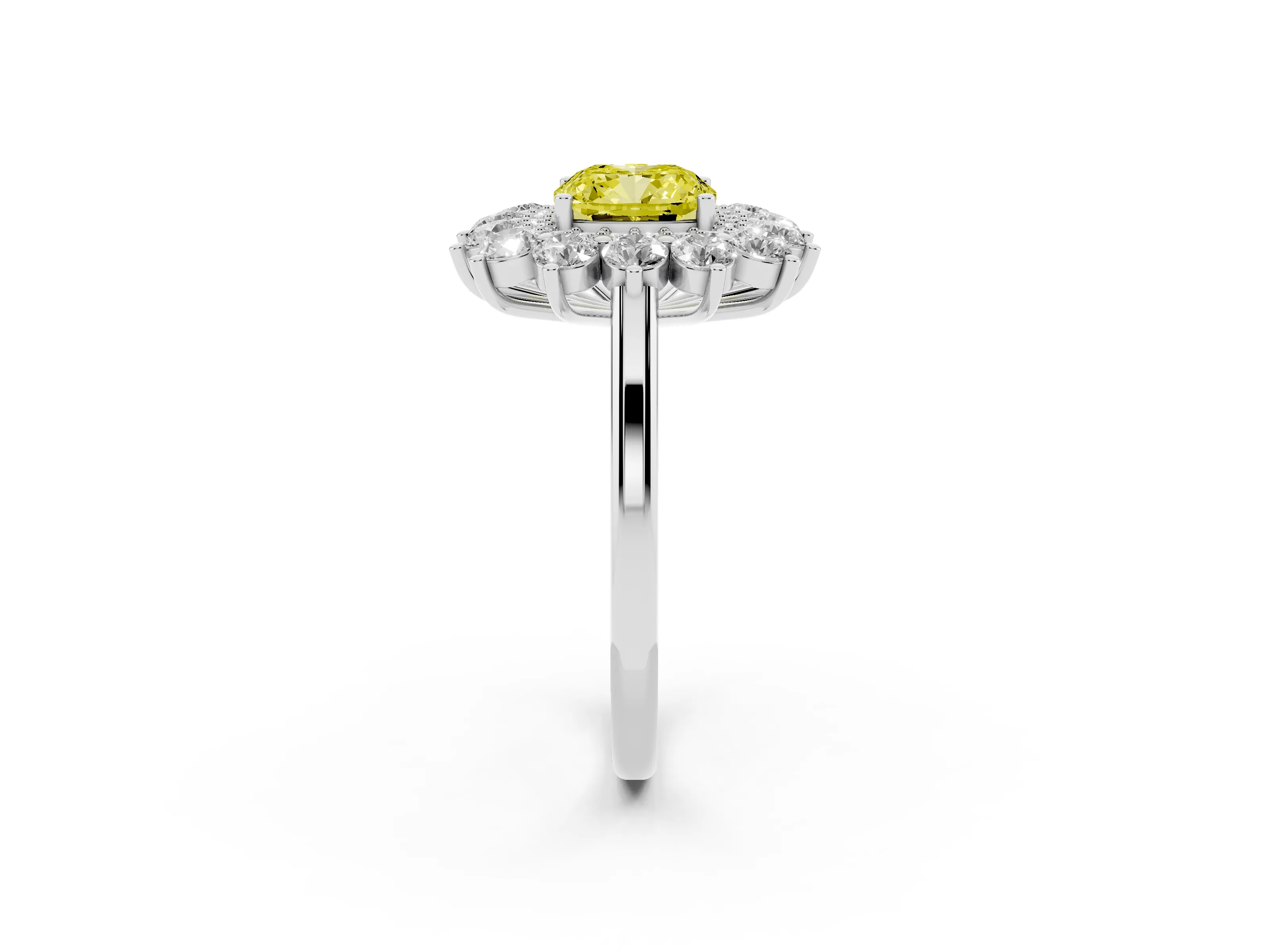 Fancy Yellow Cushion Cut Diamond Floral Double Halo Ring Set in Silver with Round Petals