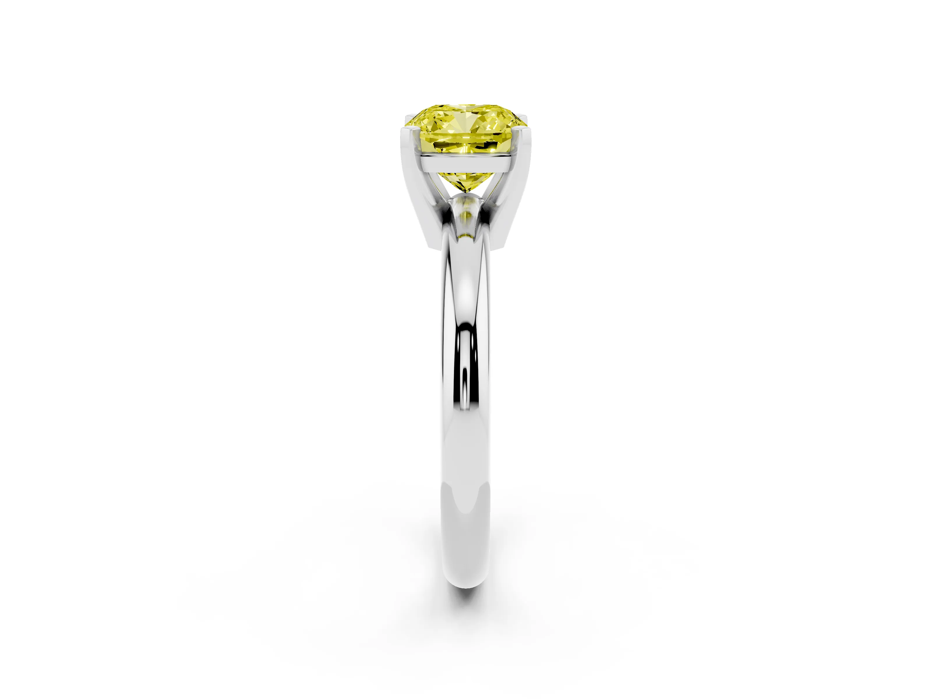 Fancy Yellow Cushion Cut Diamond Solitaire Engagement Ring Set in White gold with Round Band and Prong Setting