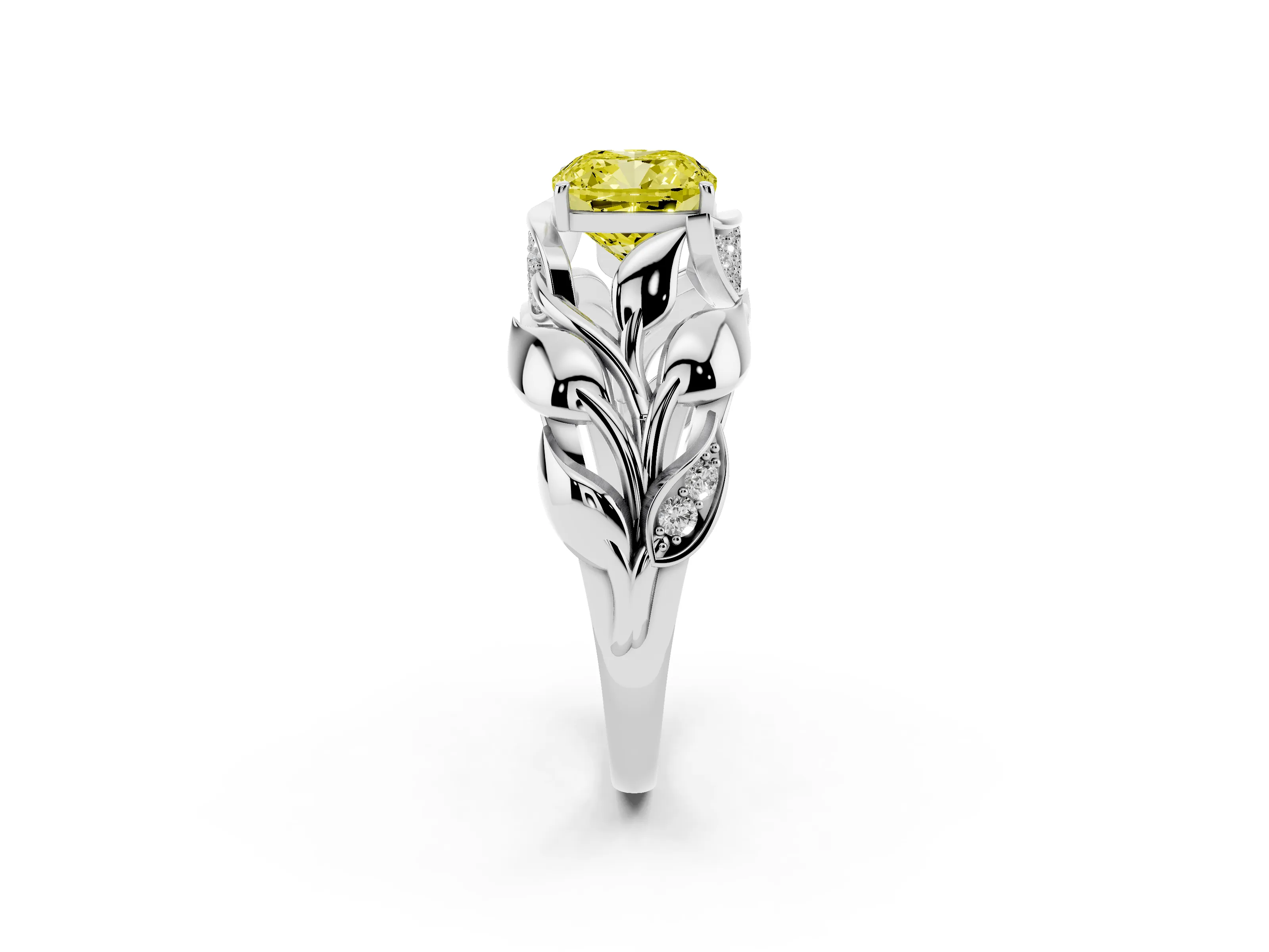 Fancy Yellow Cushion Cut Diamond Leaf-Inspired Engagement Ring Set in White gold with Round Accents