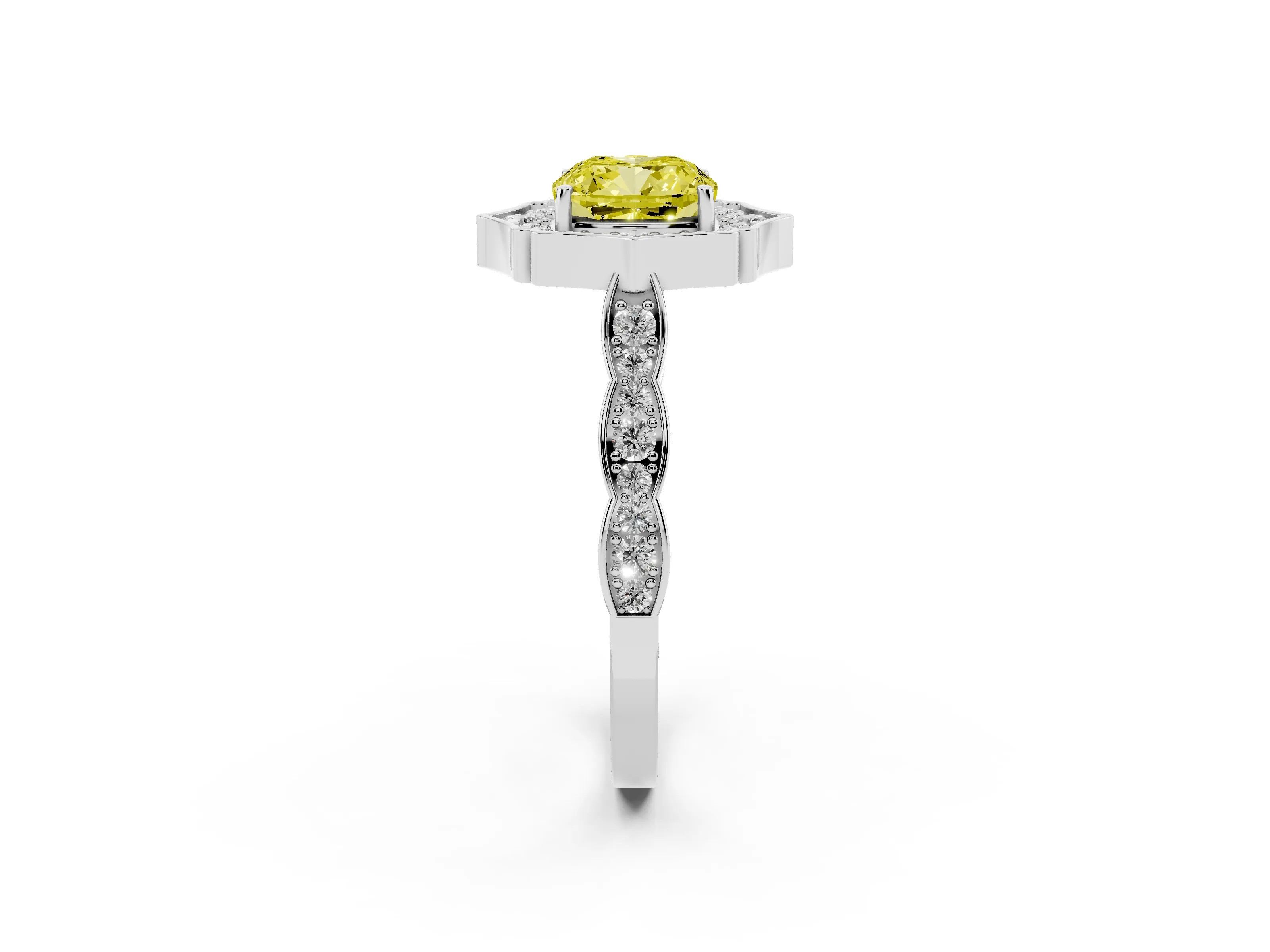Fancy Yellow Cushion Cut Diamond Halo Engagement Ring Set in Platinum with Milgrain Band and Prong Setting