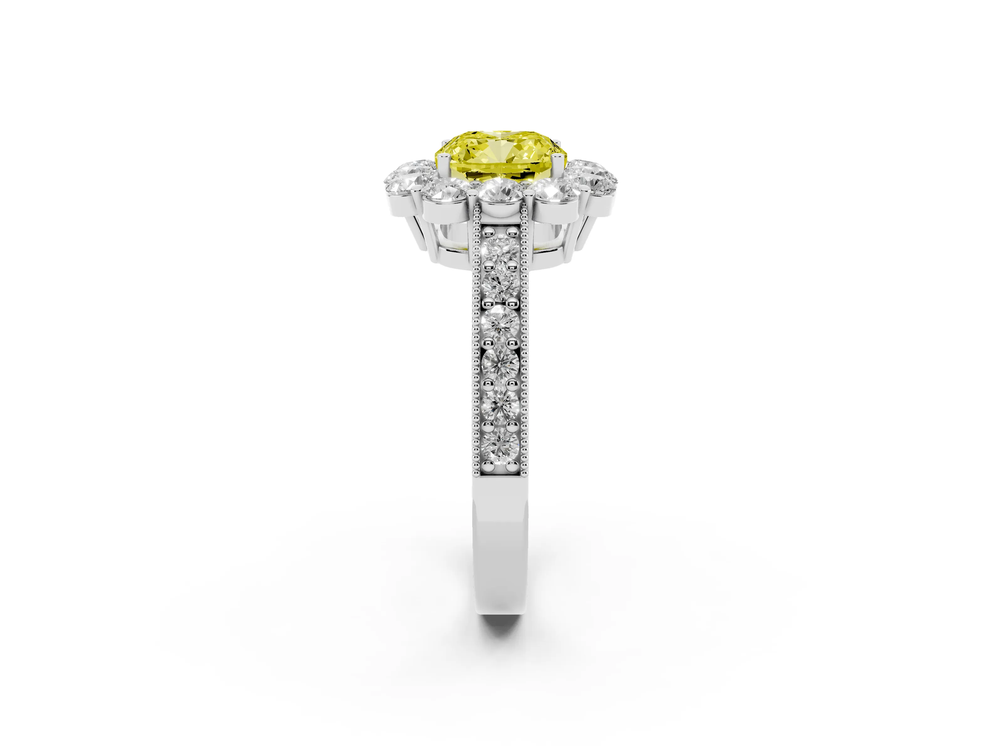 Fancy Yellow Cushion Cut Diamond Halo Pavé Engagement Ring Set in Silver with Milgrain Detailing