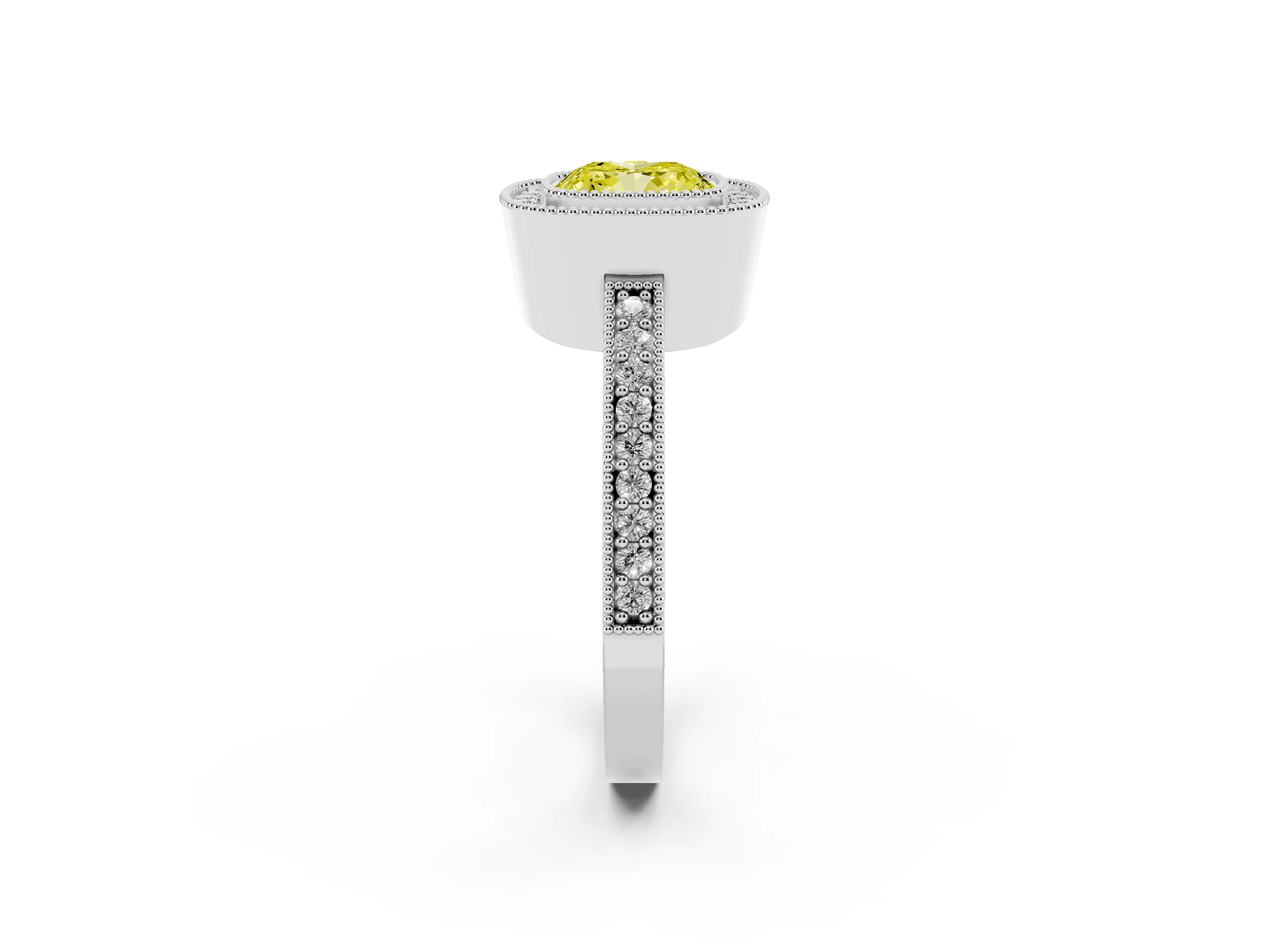 Fancy Yellow Cushion Cut Diamond Halo Engagement Ring Set in White gold with Pavé Band and Round Halo Stones