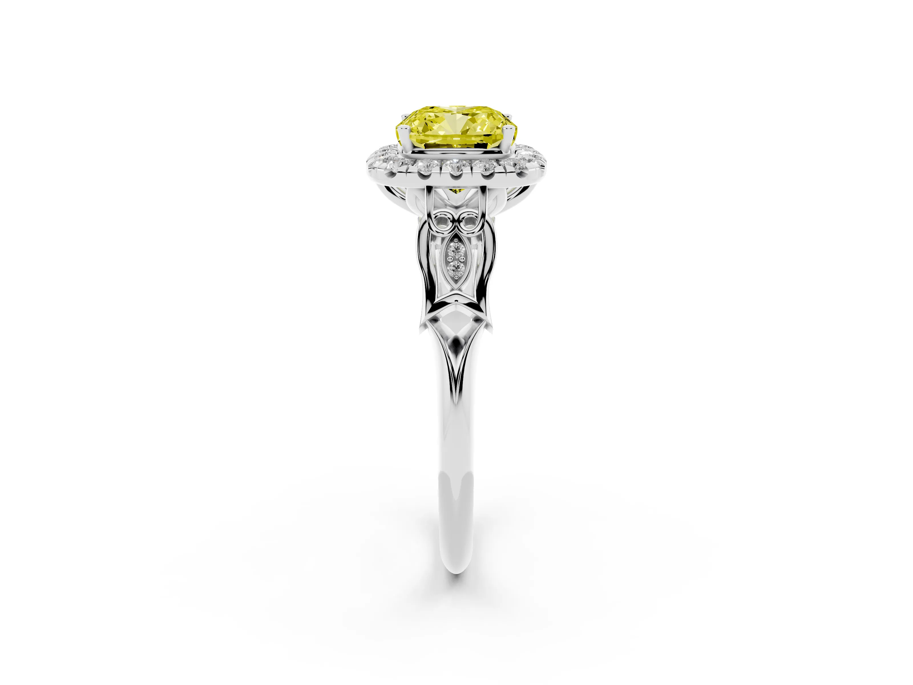 Fancy Yellow Cushion Cut Diamond Halo Engagement Ring Set in Platinum with Filigree Band and Prong-Set Center