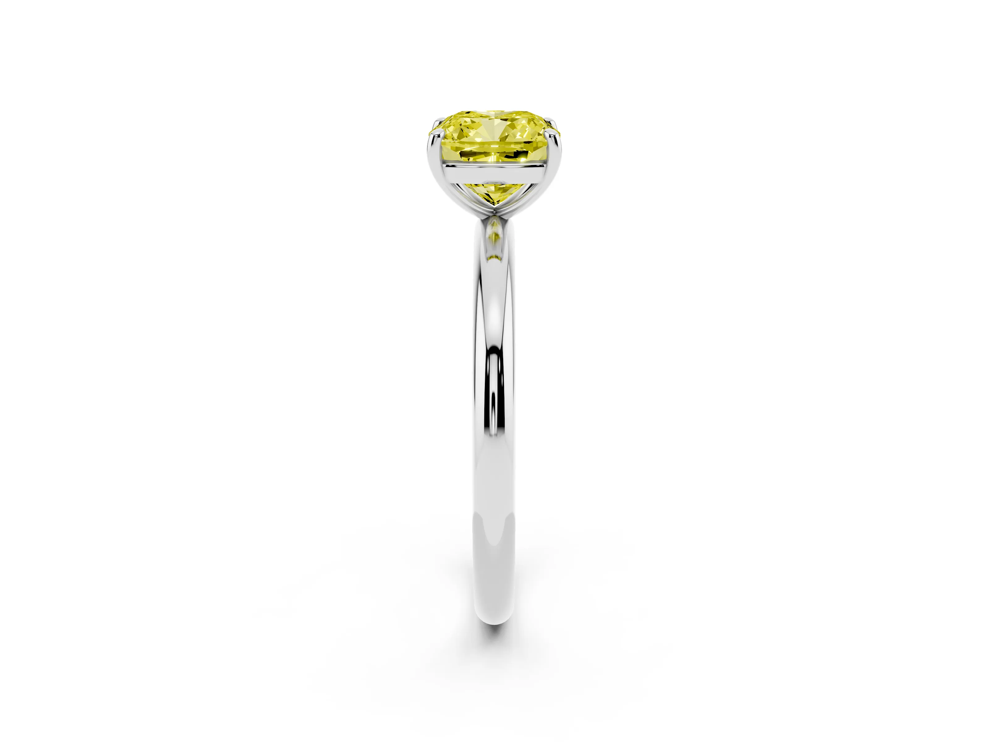 Fancy Yellow Cushion Cut Diamond Solitaire Ring Set in Platinum with Prong Setting on a Polished Plain Band