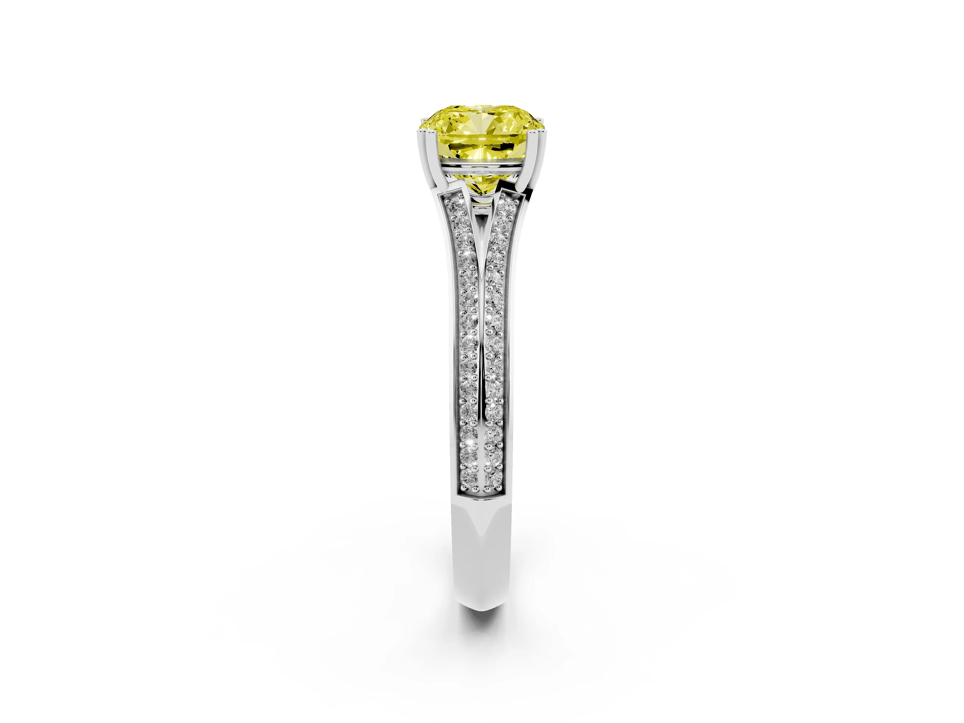 Fancy Yellow Cushion Cut Diamond Split Shank Pavé Engagement Ring Set in Platinum with Prong-Set Center Stone