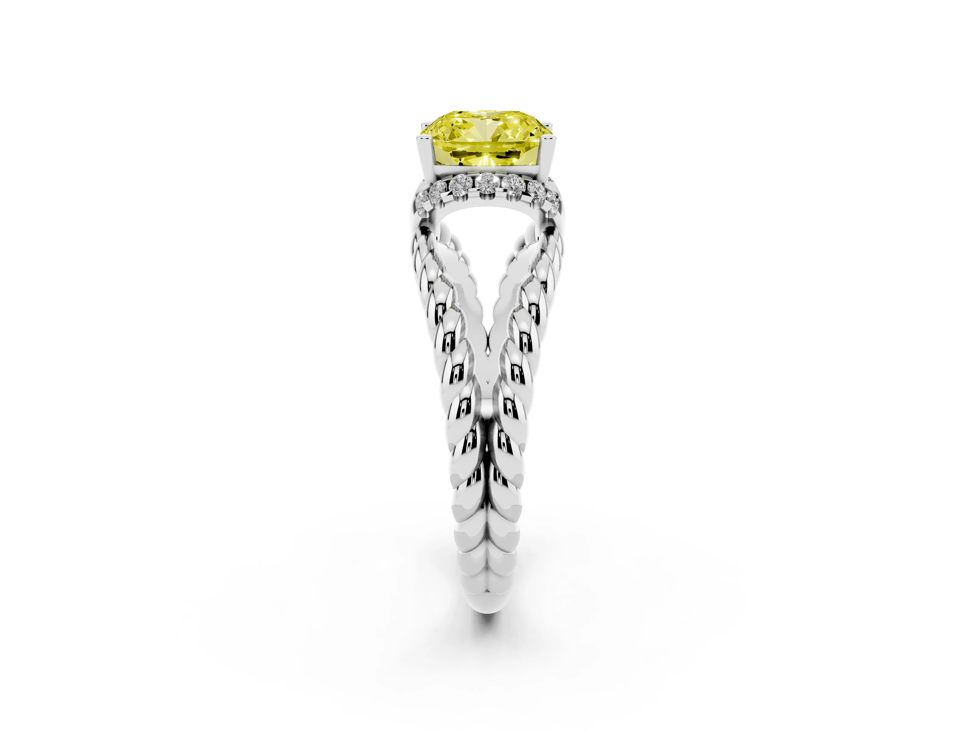 Fancy Yellow Cushion Cut Diamond Halo Ring Set in White gold with Twisted Band and Prong Setting