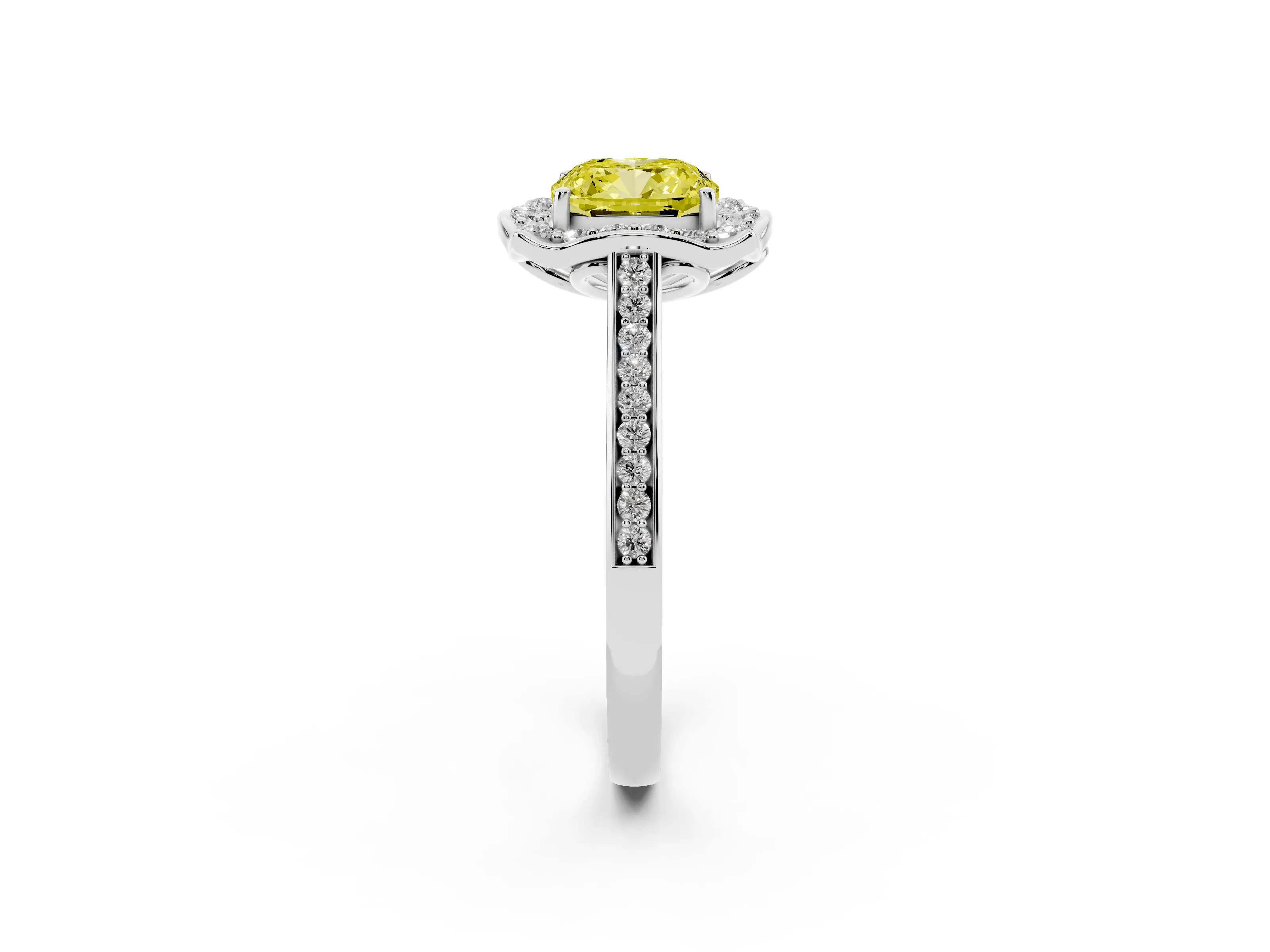 Fancy Yellow Cushion Cut Diamond Halo Ring Set in Platinum with Pavé-Lined Shoulders and Prong Setting