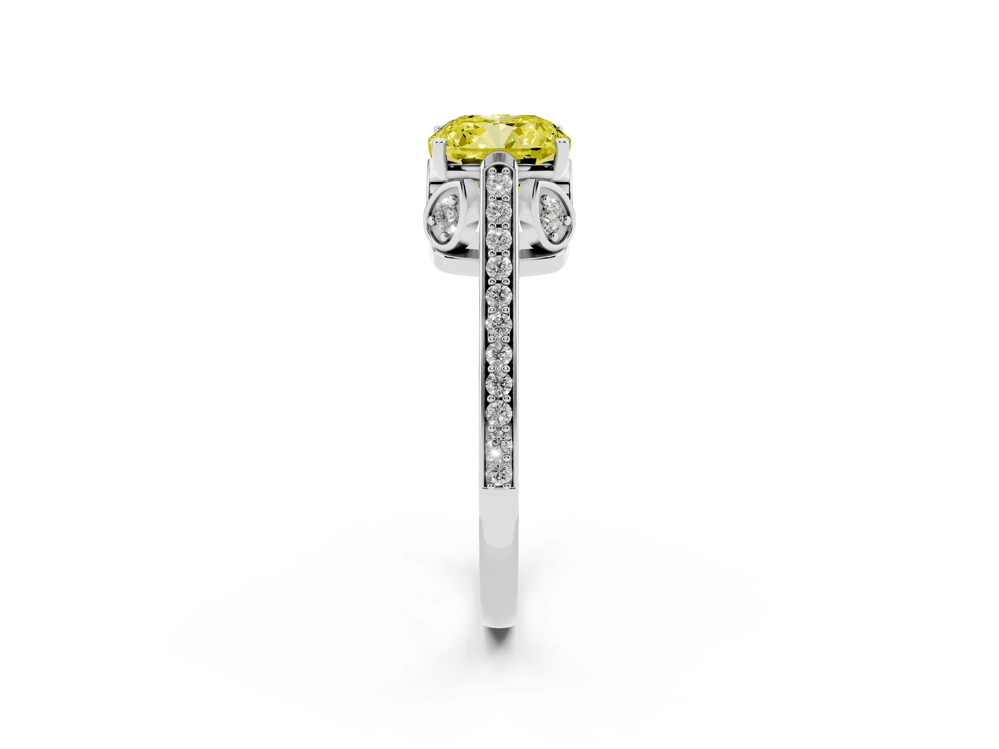 Fancy Yellow Cushion Cut Diamond Cathedral Pavé Engagement Ring Set in Platinum with Prong Setting