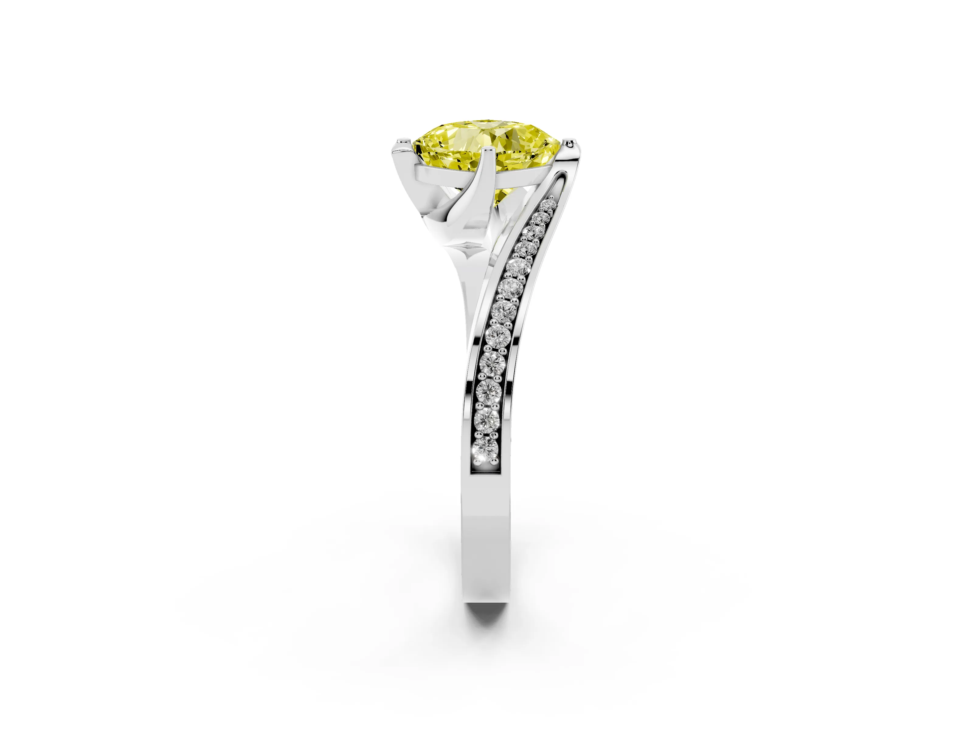 Fancy Yellow Cushion Cut Diamond Solitaire Ring Set in Silver with Intertwined Pavé Twist Band