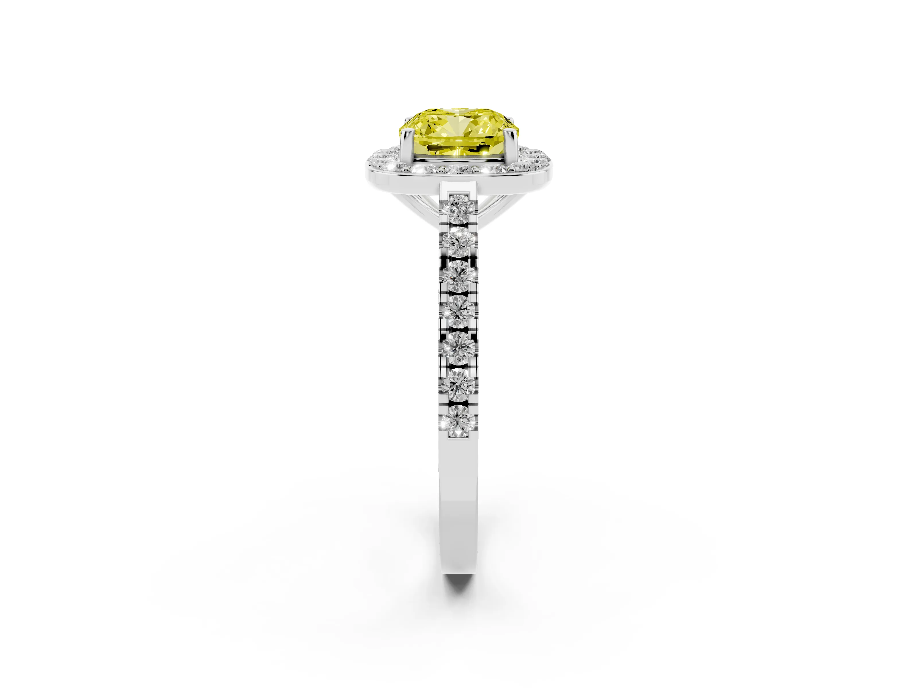 Fancy Yellow Cushion Cut Diamond Halo Ring Set in White gold with Round Pavé Split Shank and Prong Setting