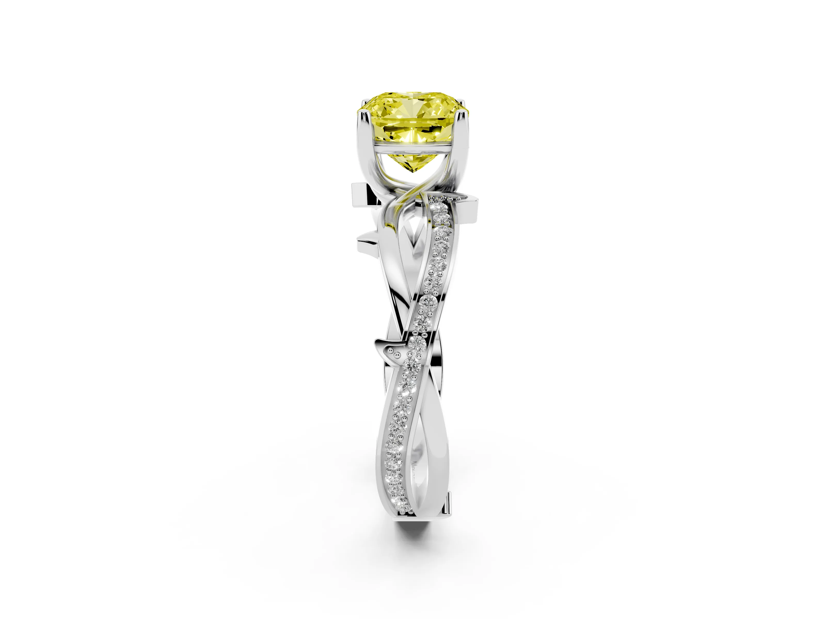 Fancy Yellow Cushion Cut Diamond Pavé Twist Band Solitaire Ring Set in Silver with Prong Setting