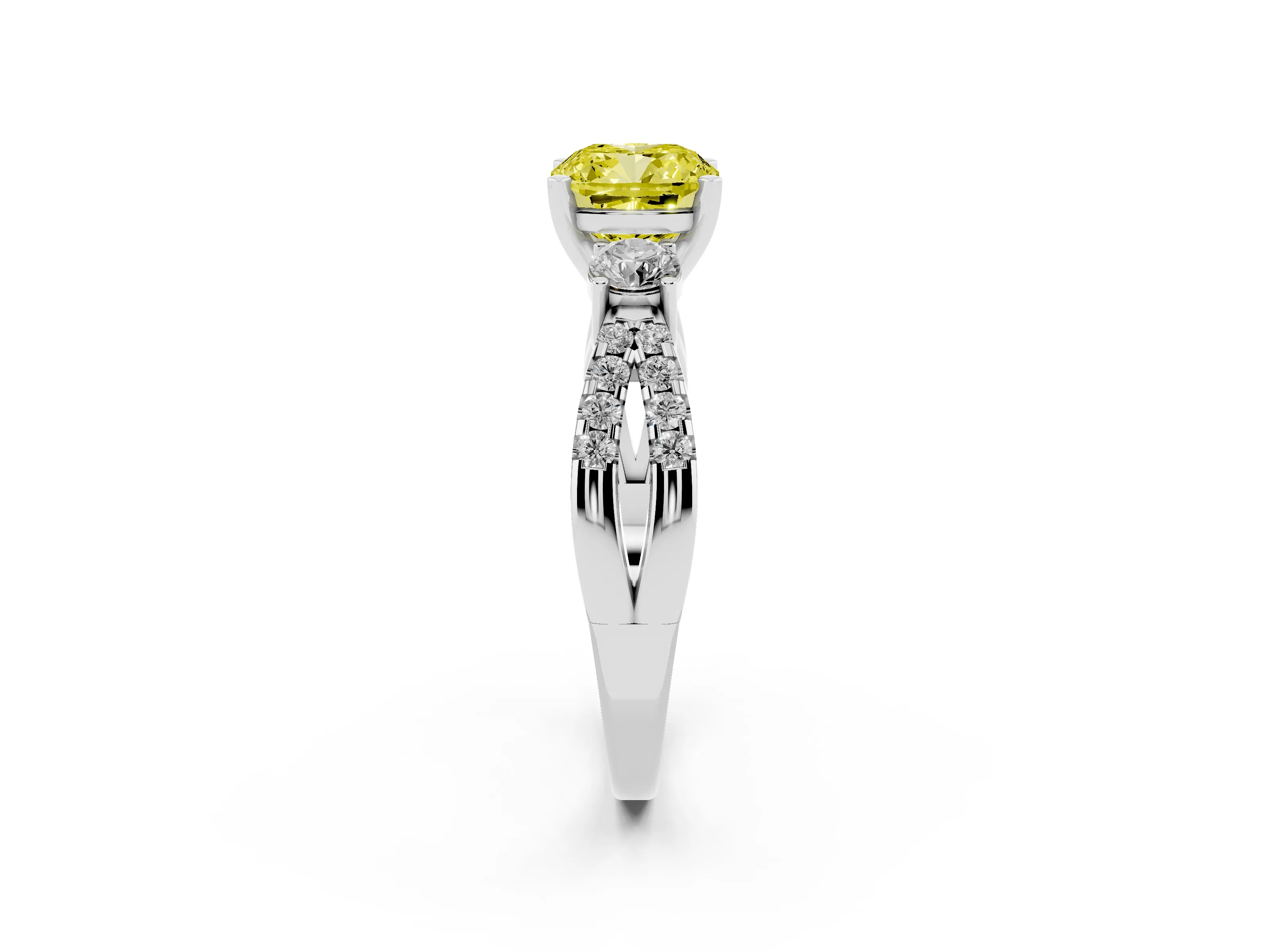 Fancy Yellow Cushion Cut Diamond Three-Stone Ring Set in White gold with Pavé Split Shank and Prong Setting
