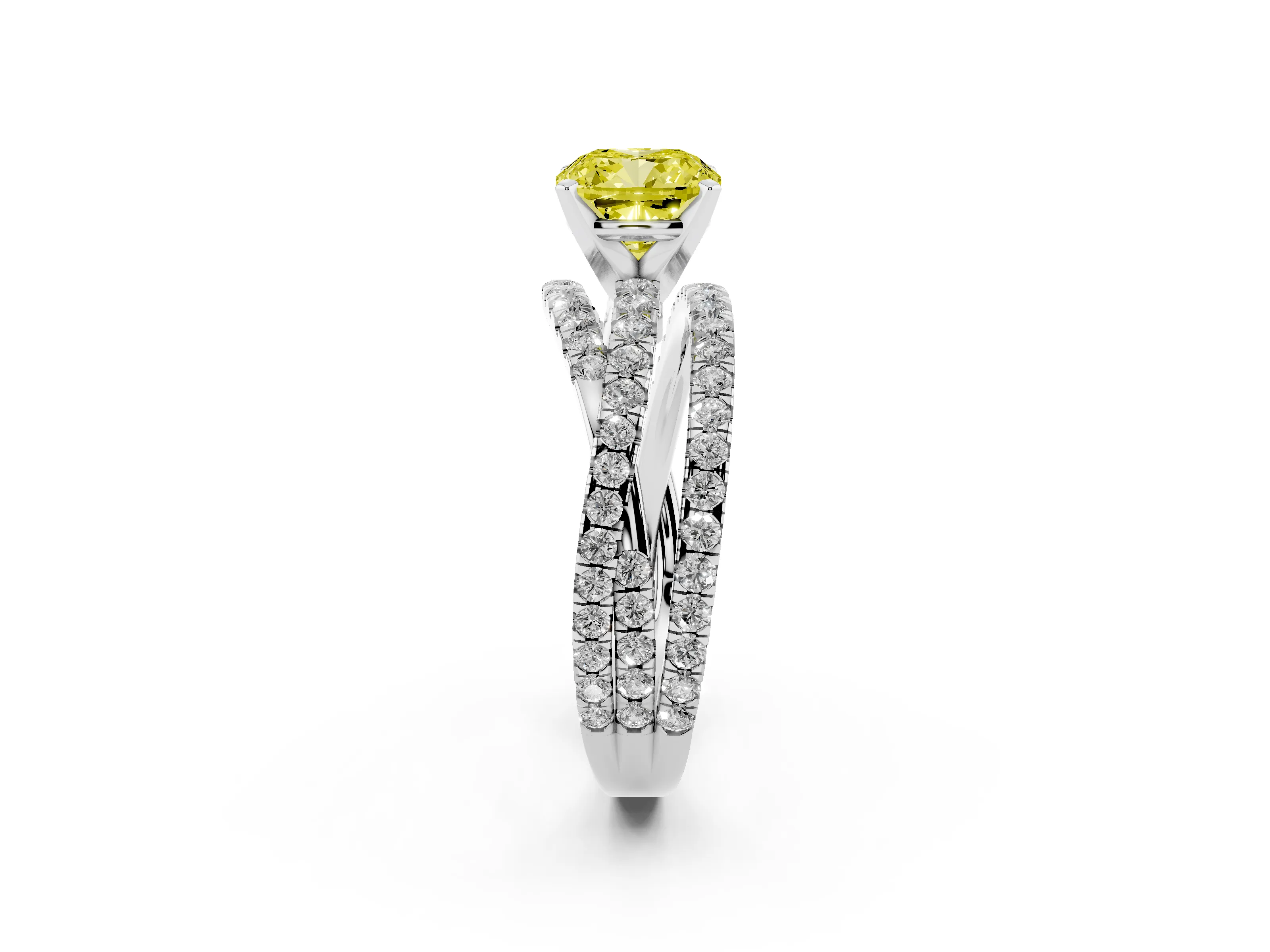 Fancy Yellow Cushion Cut Diamond Solitaire Twist Band Ring Set in Silver with Pavé Setting and Prong Head