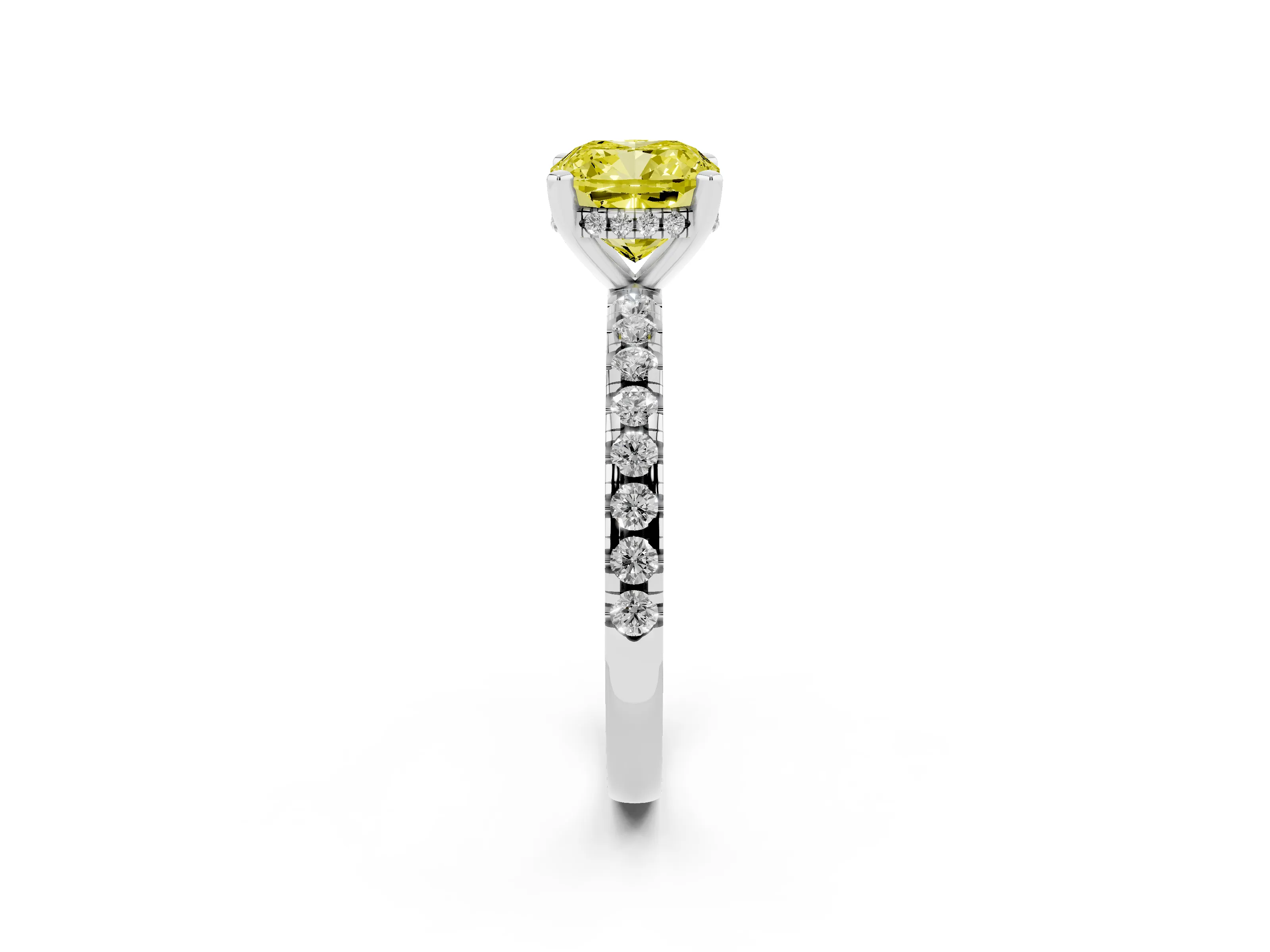 Fancy Yellow Cushion Cut Diamond Pavé Solitaire Ring Set in White gold with Round Band Accents and Prong Setting