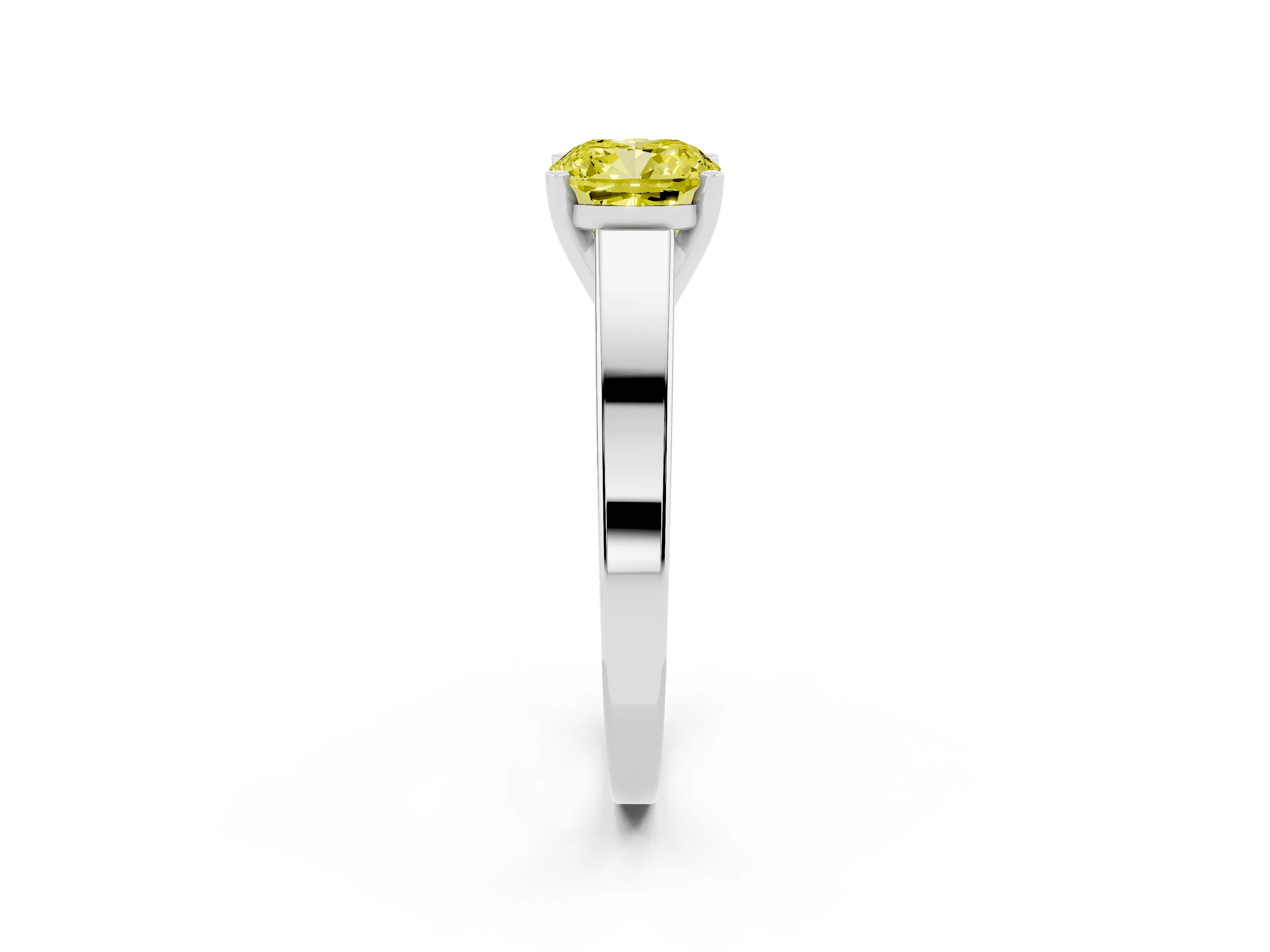 Fancy Yellow Cushion Cut Diamond Solitaire Engagement Ring Set in White gold with Prong Setting and Tapered Band