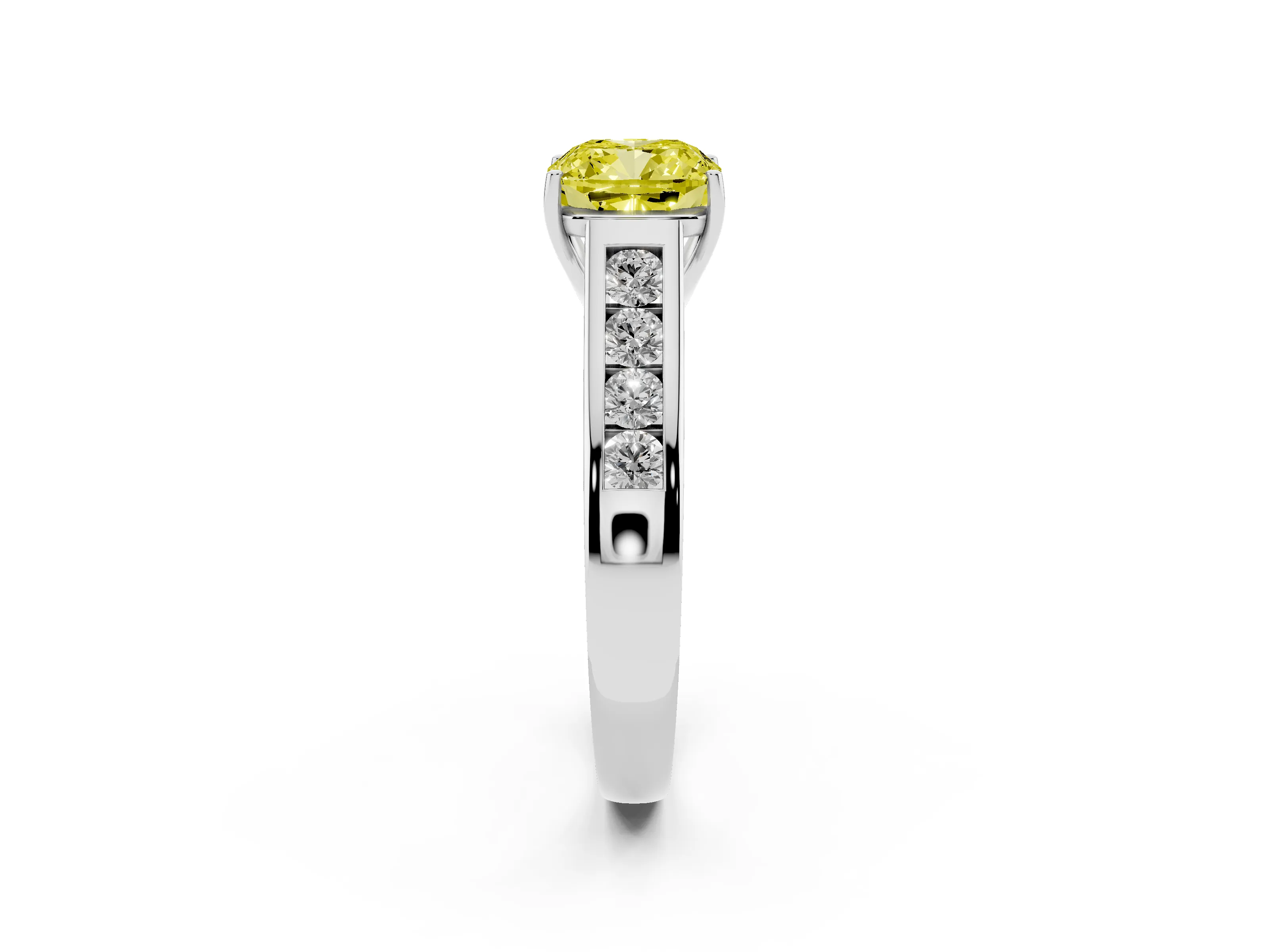 Fancy Yellow Cushion Cut Diamond Brilliant Channel-Set Solitaire Ring Set in Platinum with Prong Setting