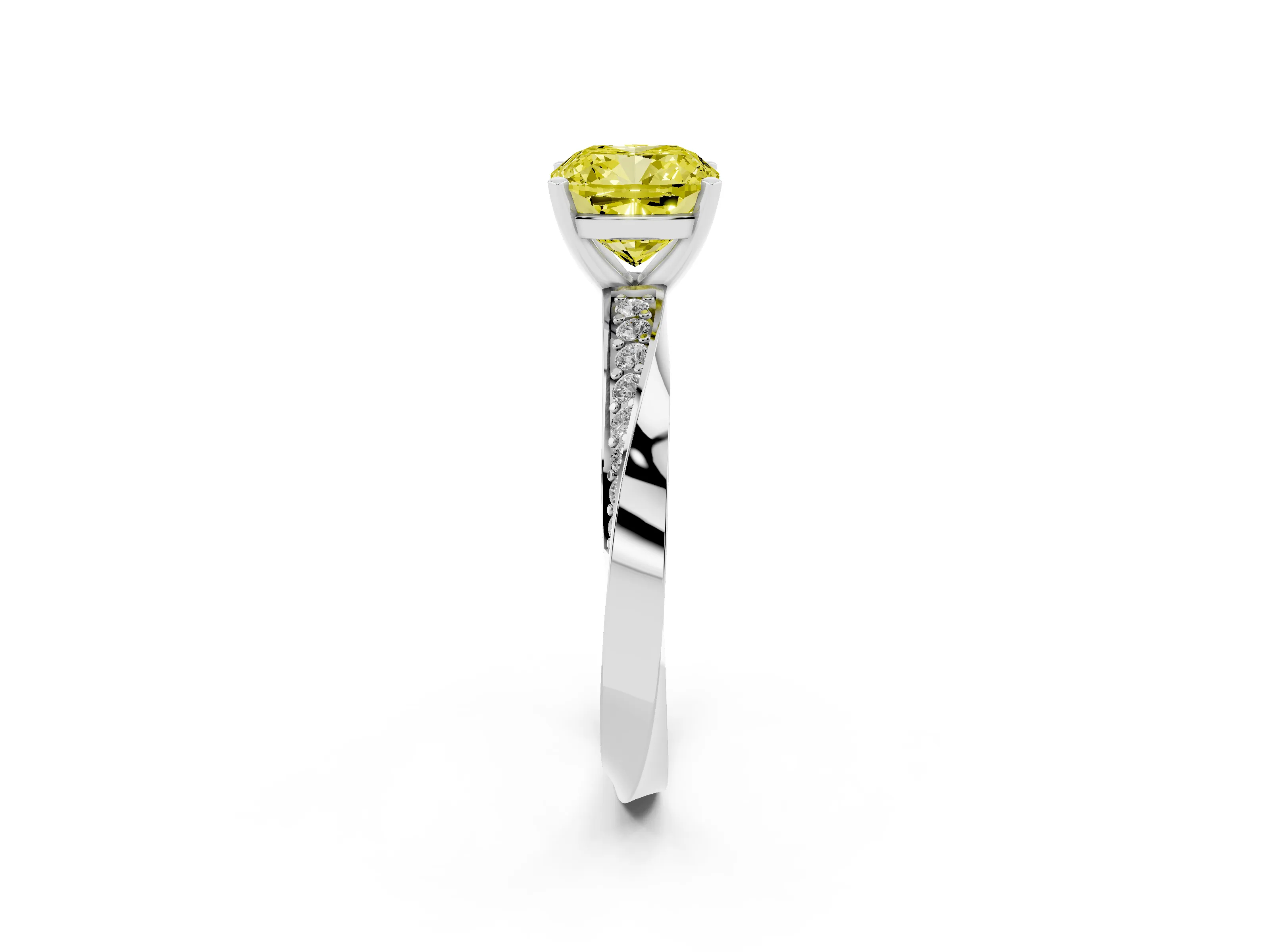 Fancy Yellow Cushion Cut Diamond Engagement Ring Set in Platinum with Side Stone Accents and Prong Setting