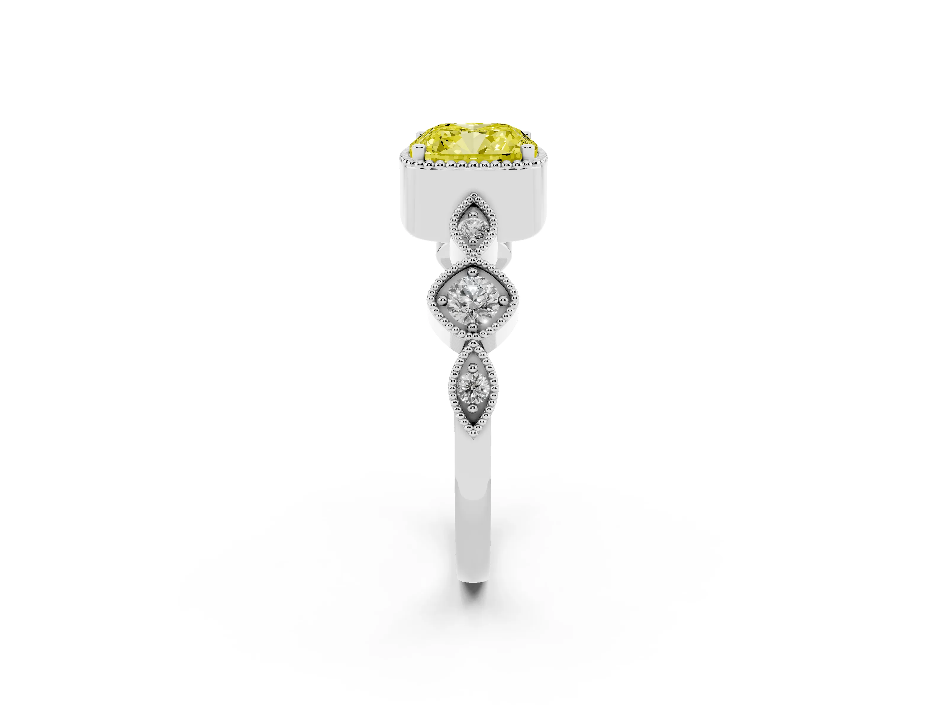 Fancy Yellow Cushion Cut Diamond Vintage-Inspired Milgrain Ring Set in White gold with Marquise Stations of Round Accents
