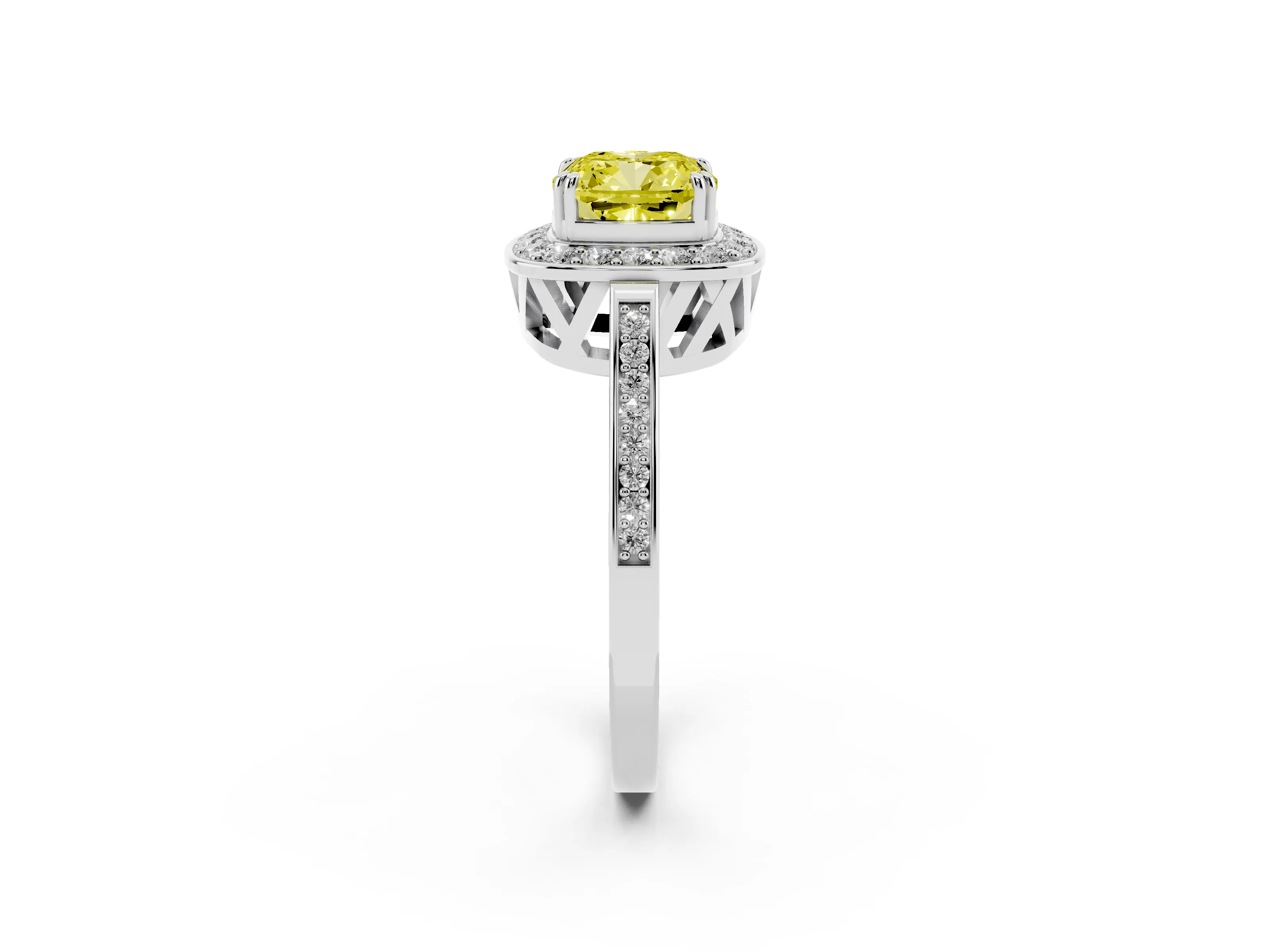 Fancy Yellow Cushion Cut Diamond Halo Ring Set in Platinum with Accent-Lined Split Shank and Prong Setting