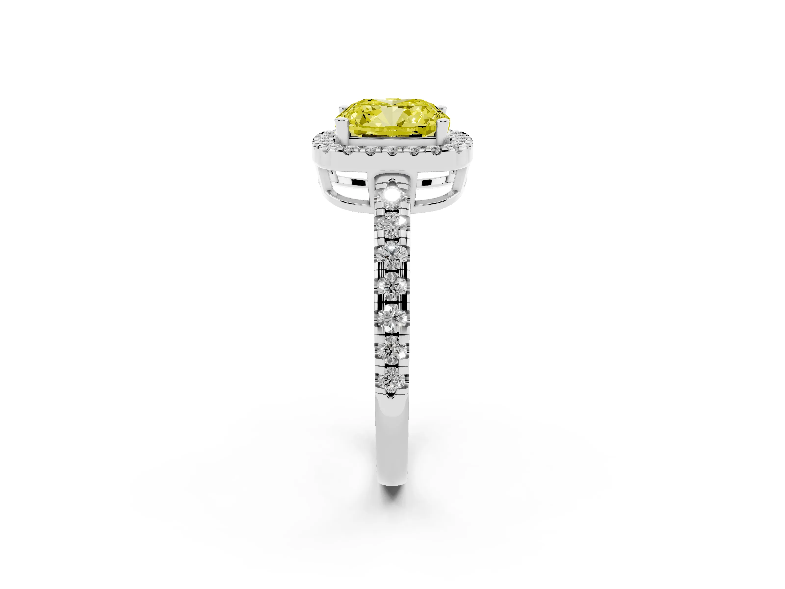 Fancy Yellow Cushion Cut Diamond Halo Ring Set in White gold with Delicate Pavé Band and Prong Setting
