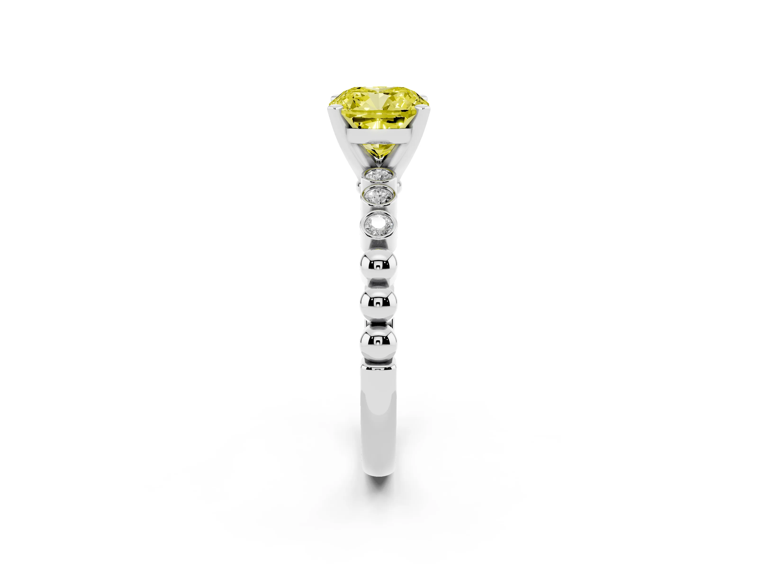 Fancy Yellow Cushion Cut Diamond Solitaire Engagement Ring Set in Silver with Bezel Accents on Beaded Band