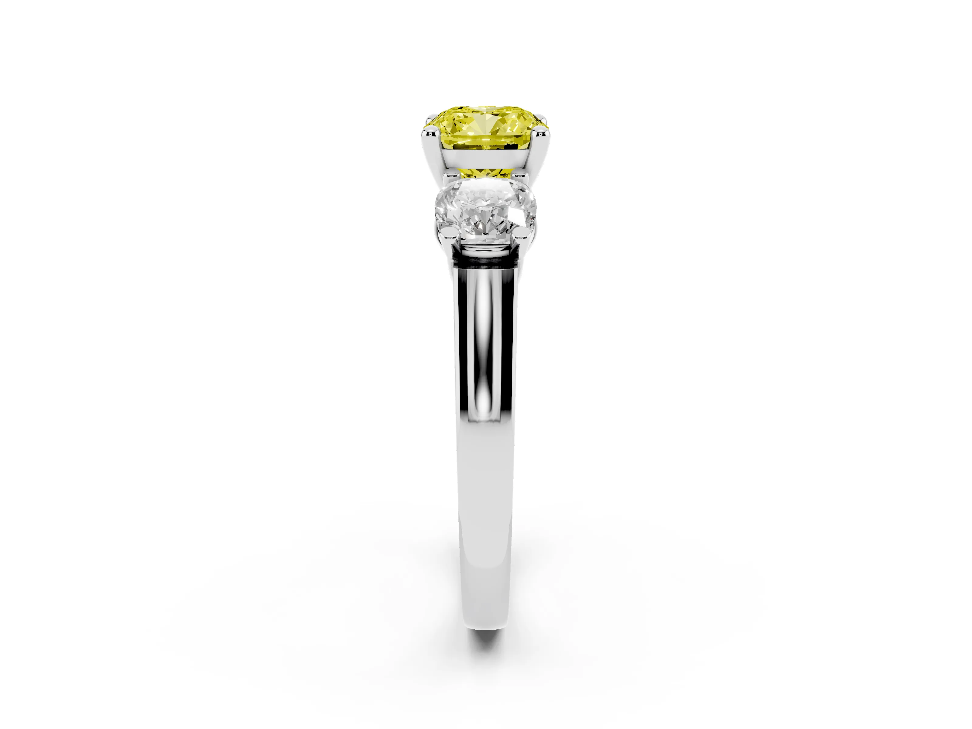 Fancy Yellow Cushion Cut Diamond Three-Stone Trellis Ring Set in Platinum with Comfort Fit Band