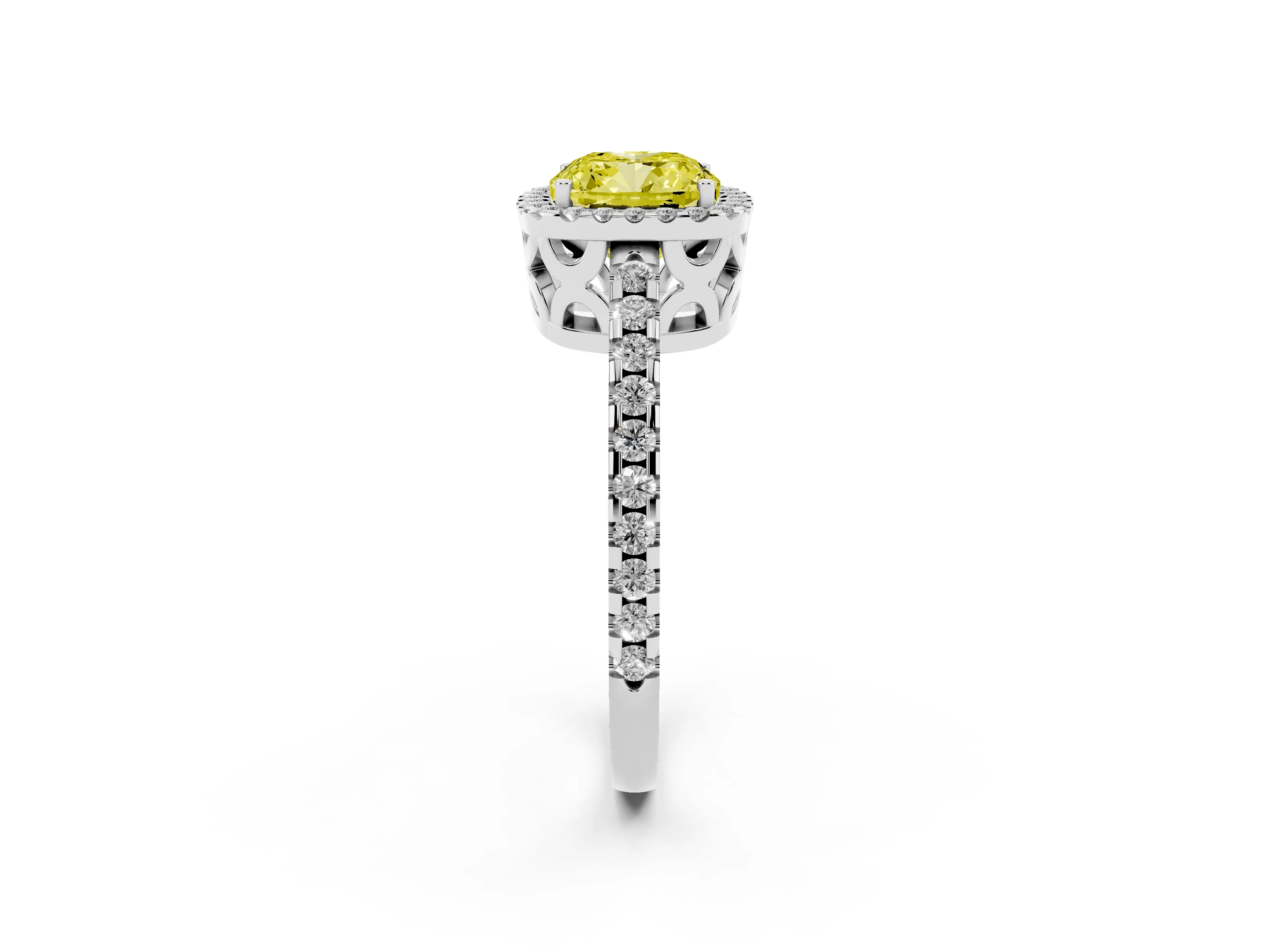 Fancy Yellow Cushion Cut Diamond Halo Ring Set in Silver with Pavé Shoulders and Halo-Framed Center