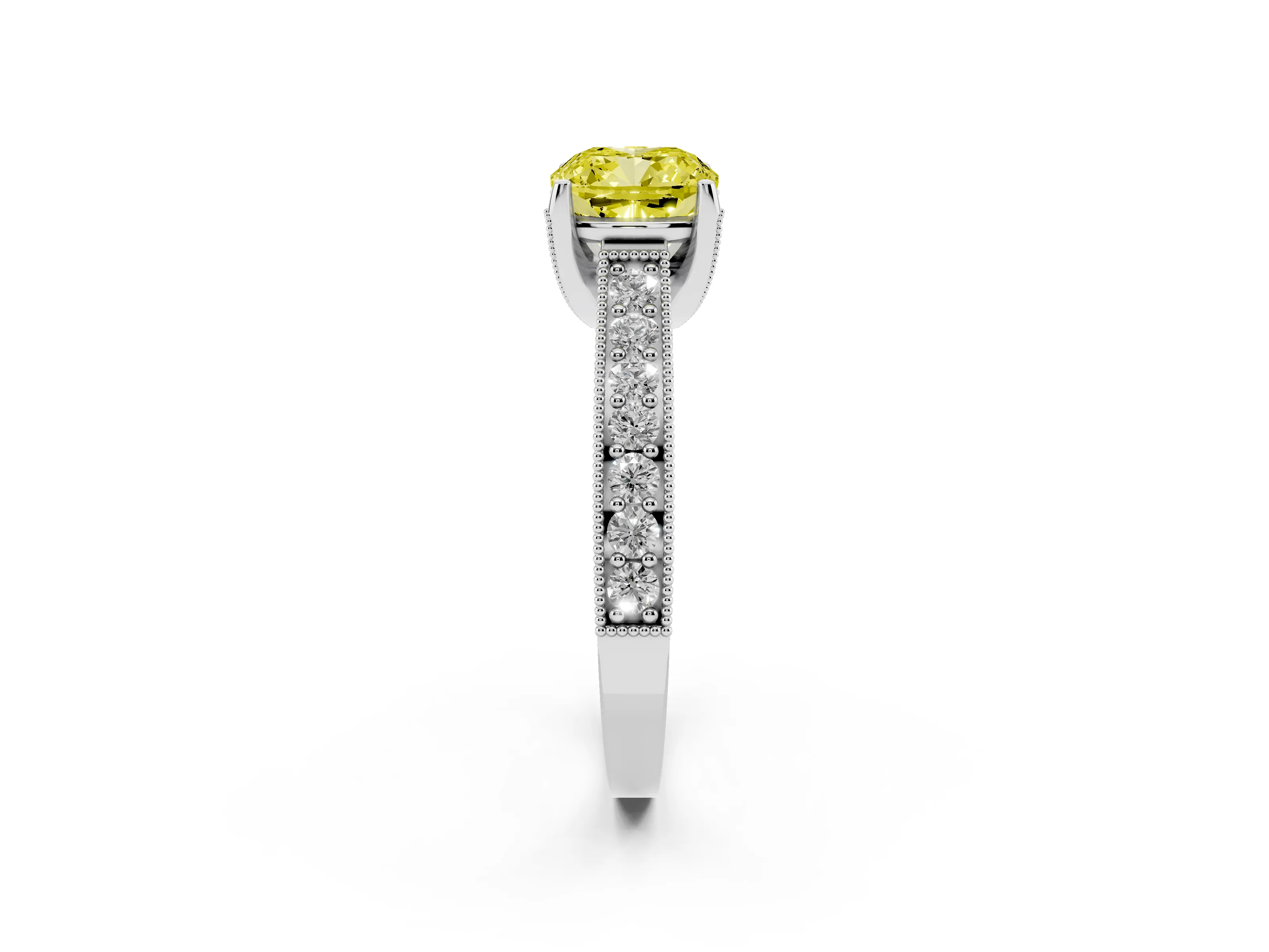 Fancy Yellow Cushion Cut Diamond Solitaire Ring Set in Silver with Milgrain-Edged Pavé Band and Prong Setting