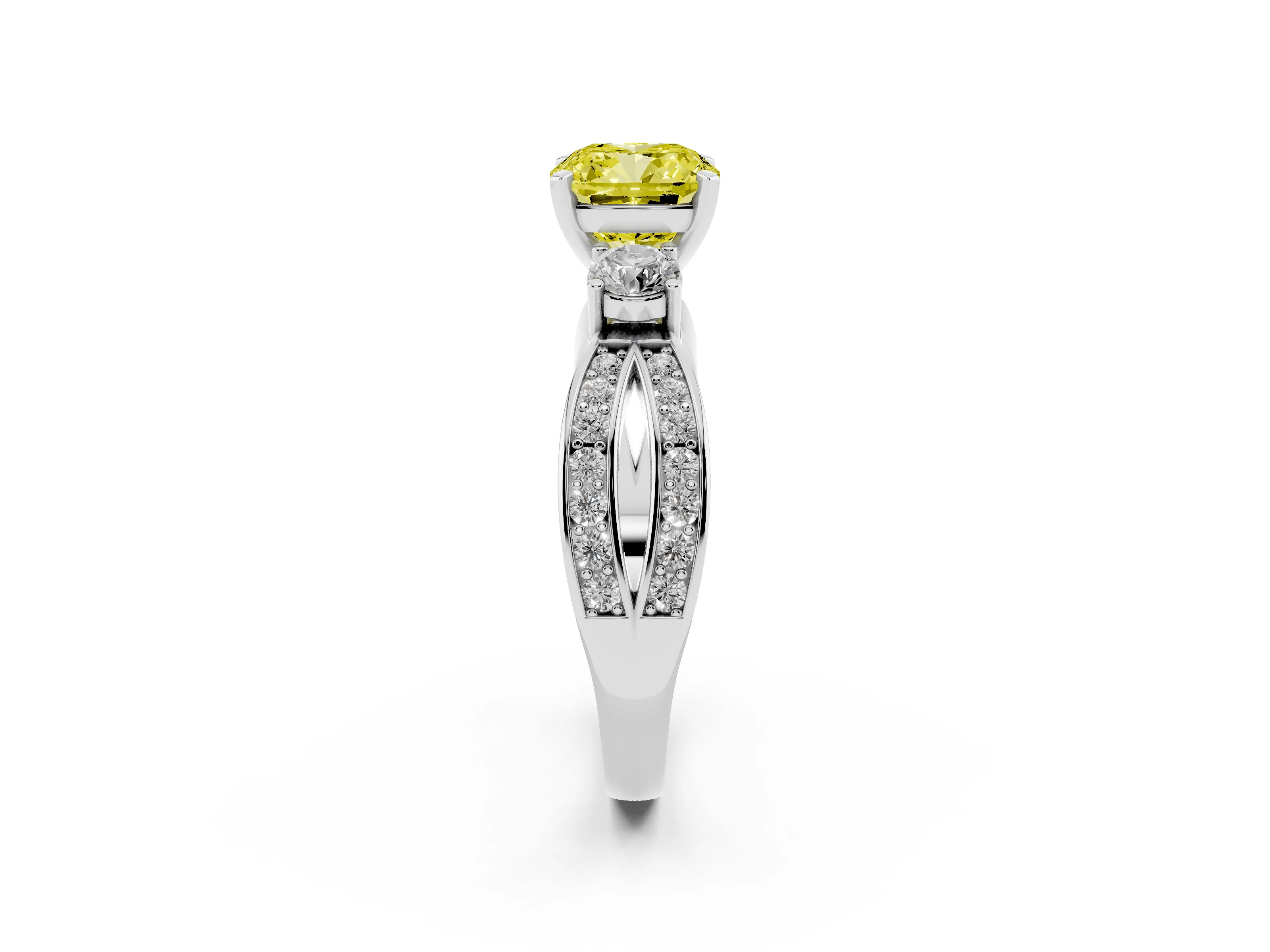 Fancy Yellow Three-Stone Cushion Cut Diamond Twist Band Ring Set in Platinum with Pavé Accents and Prong Setting