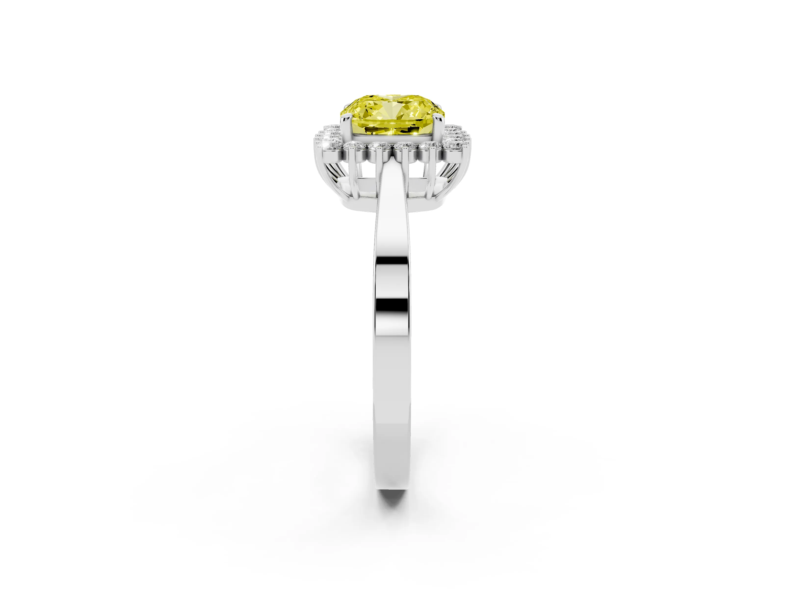 Fancy Yellow Cushion Cut Diamond Halo Ring Set in Silver with Round Halo and Smooth Solitaire Band