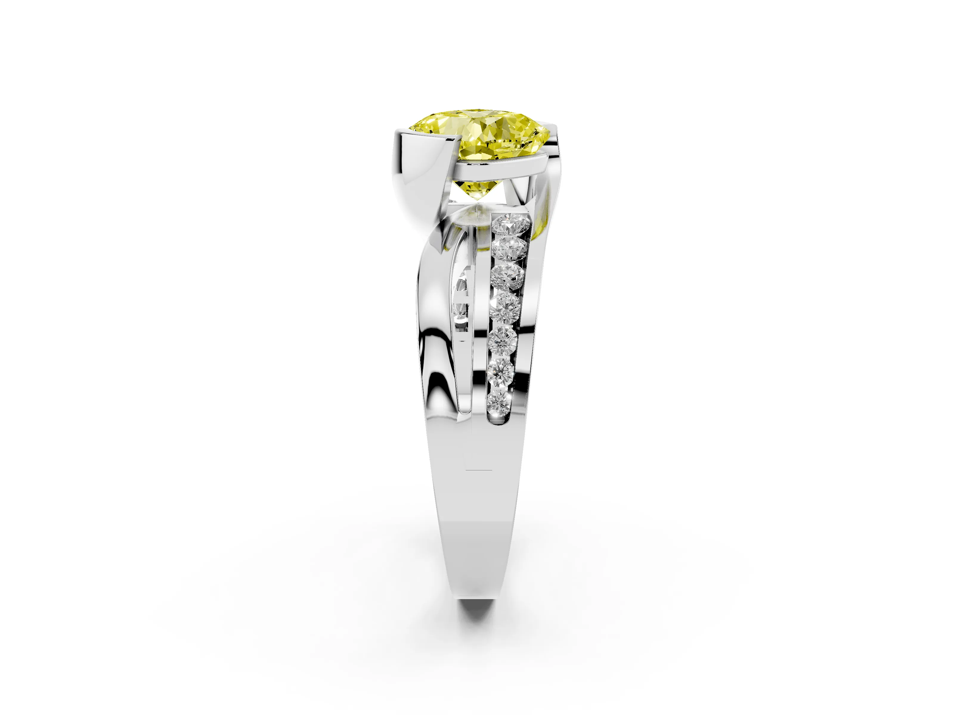 Fancy Yellow Cushion Cut Diamond Solitaire Ring Set in White gold with Channel Set Split Shank and Tension Prongs