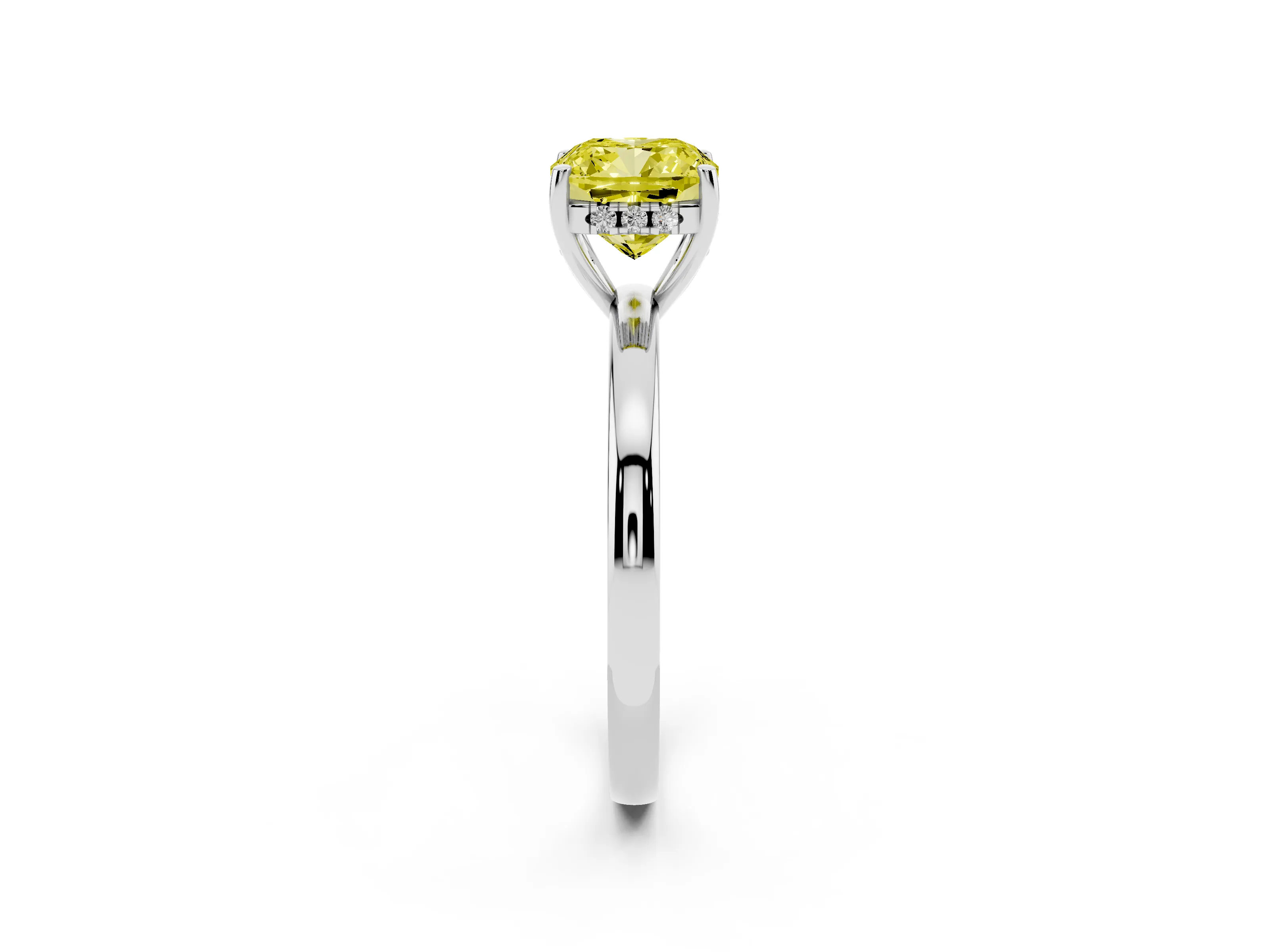 Fancy Yellow Cushion Cut Diamond Solitaire Ring Set in Platinum with Plain Band and Prong Setting
