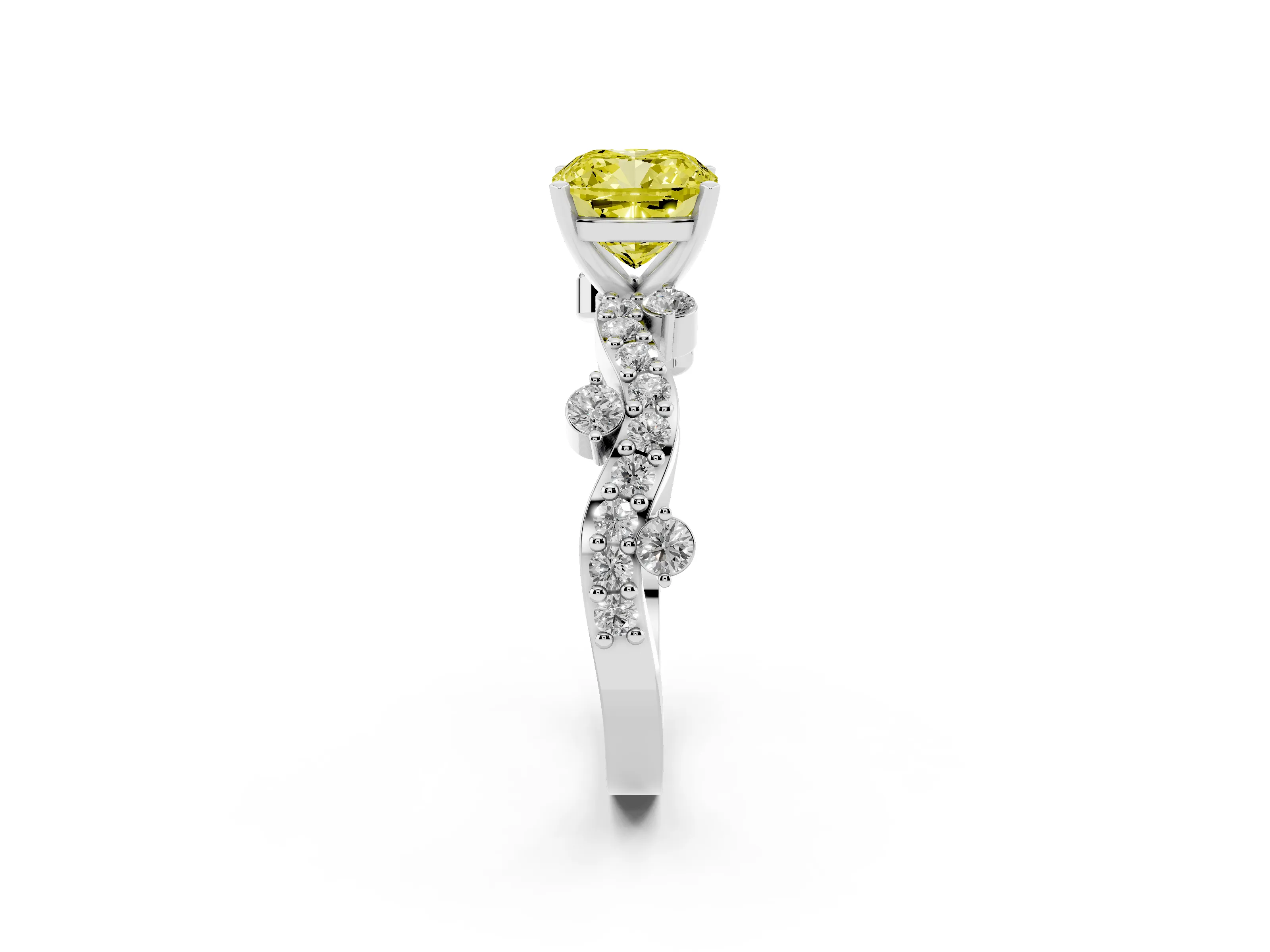 Fancy Yellow Cushion Cut Diamond Solitaire Twisted Band Set in White gold with Pavé Setting