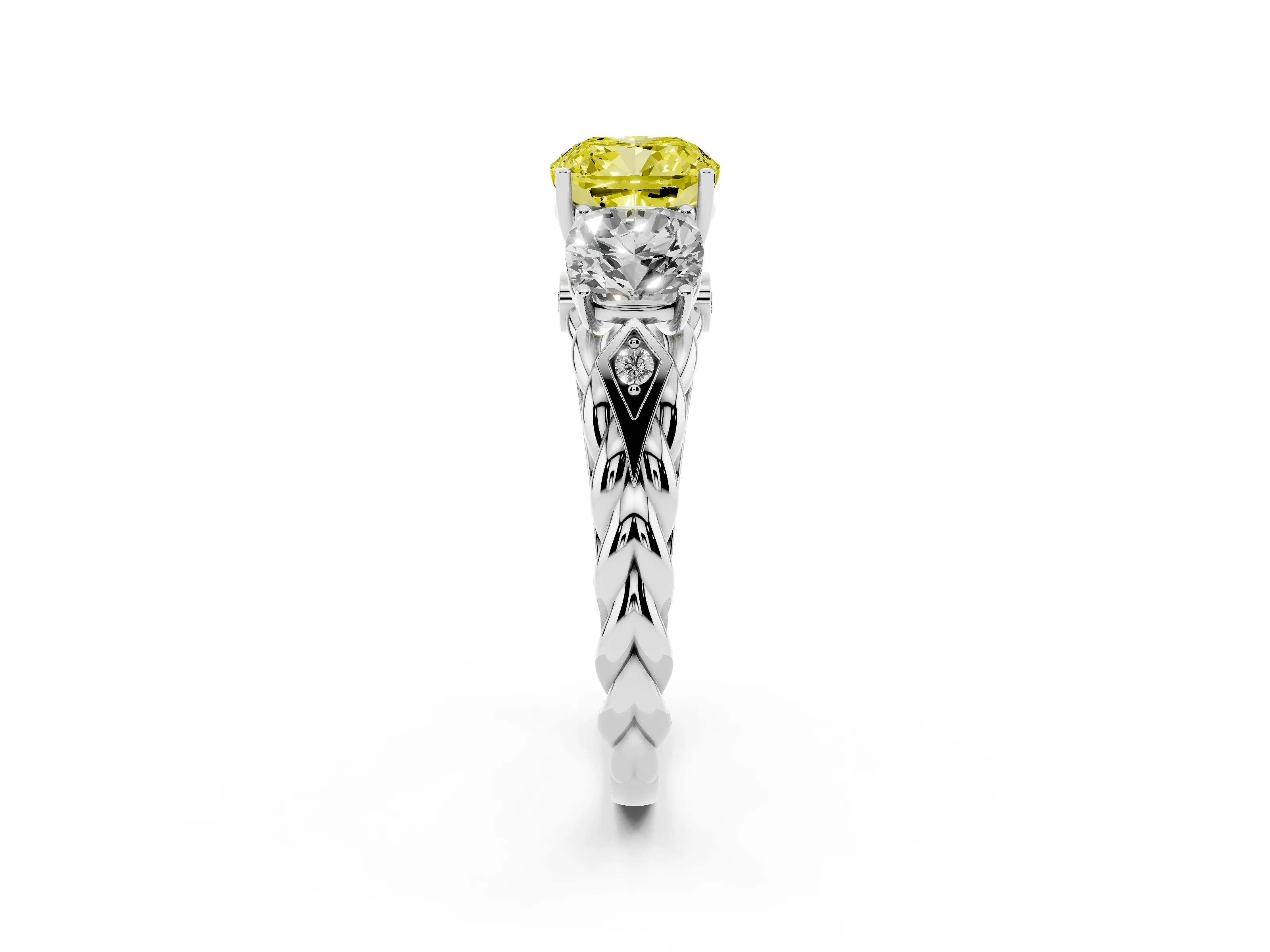 Fancy Yellow Cushion Cut Diamond Three-Stone Ring Set in Platinum with Braided Band