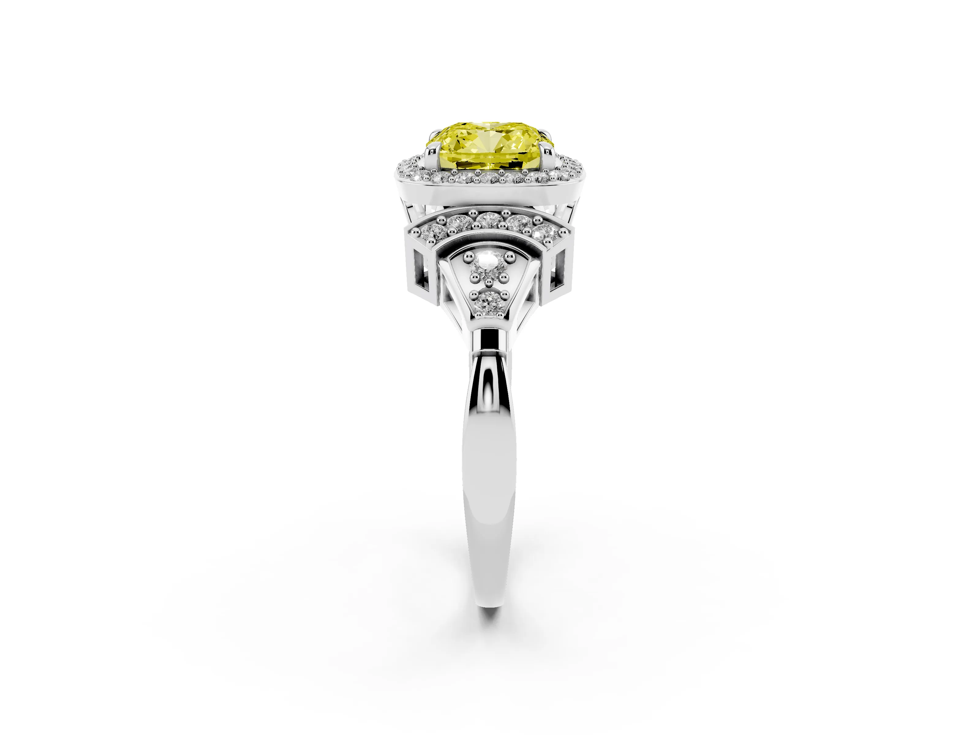 Fancy Yellow Cushion Cut Diamond Halo Engagement Ring Set in Platinum with Accent Stone Split Shank