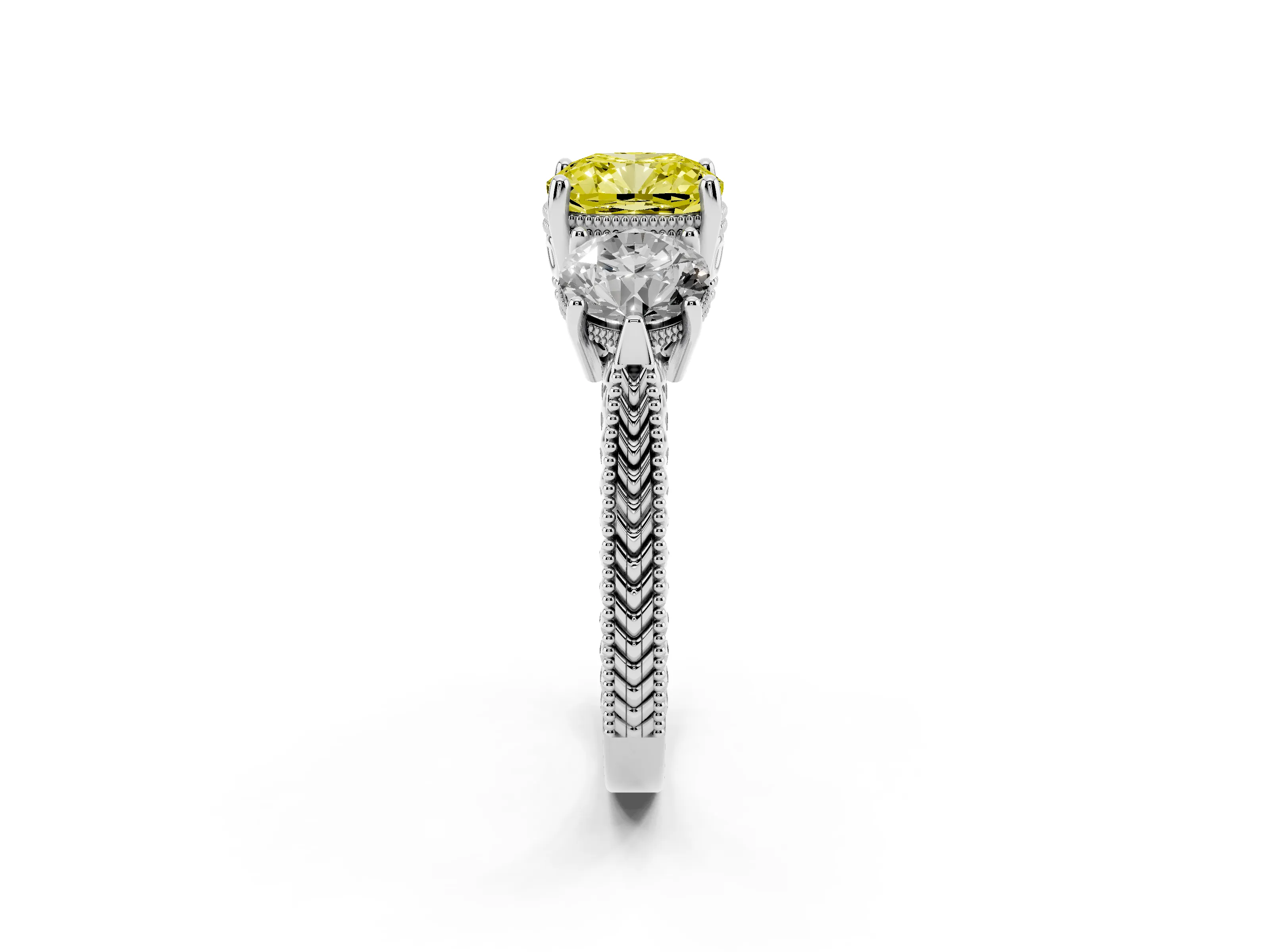 Fancy Yellow Cushion Cut Diamond Three-Stone Ring Set in Platinum with Milgrain Band