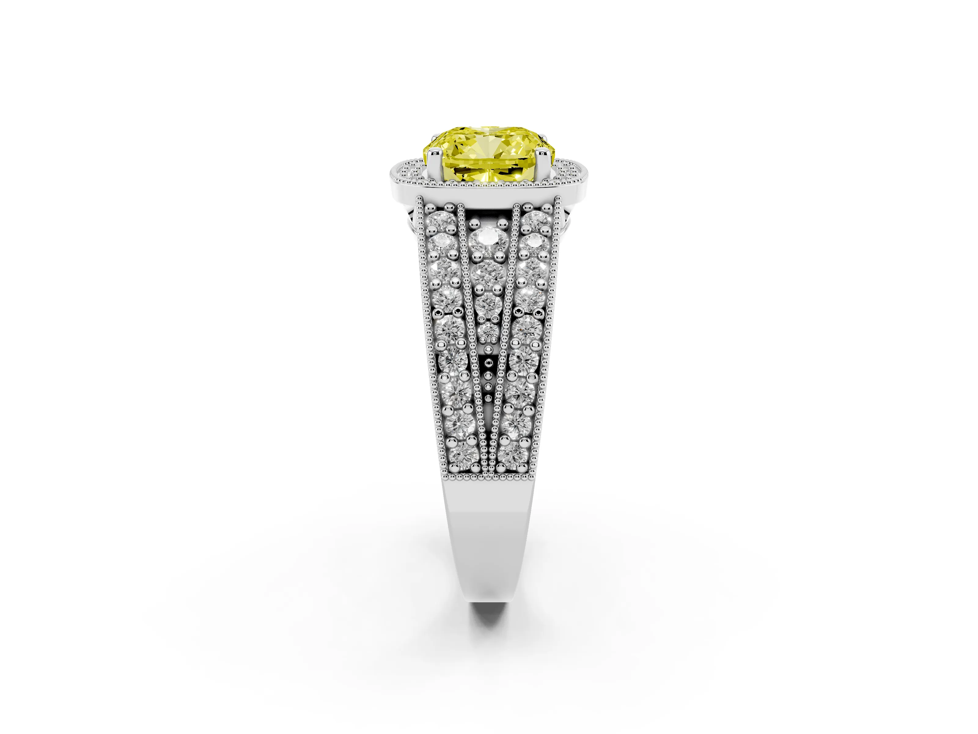 Fancy Yellow Cushion Cut Diamond Halo Ring Set in Silver with Accent Split Shank and Prong Setting
