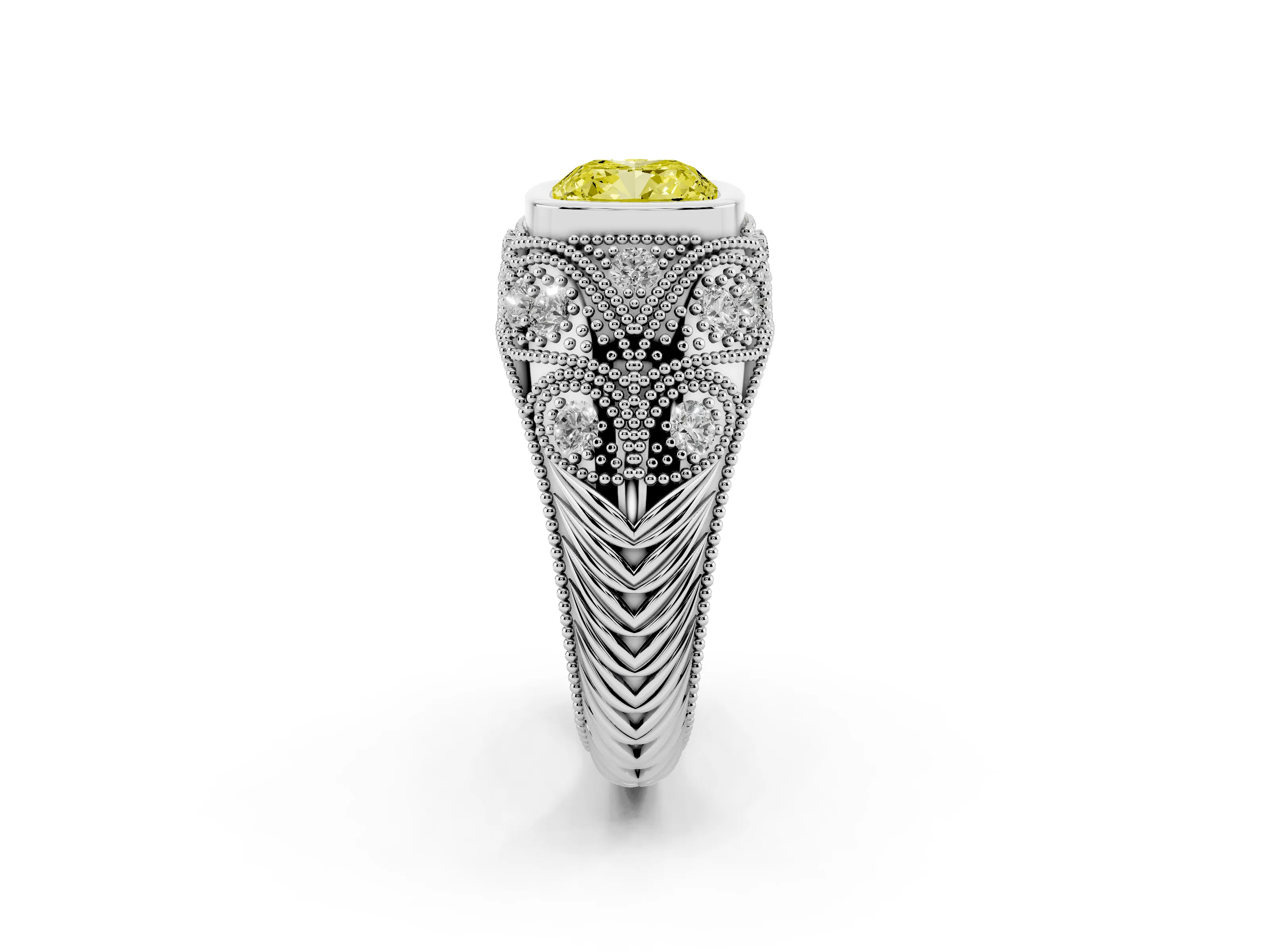 Fancy Yellow Cushion Cut Diamond Bezel Ring Set in Silver with Milgrain Accent Band